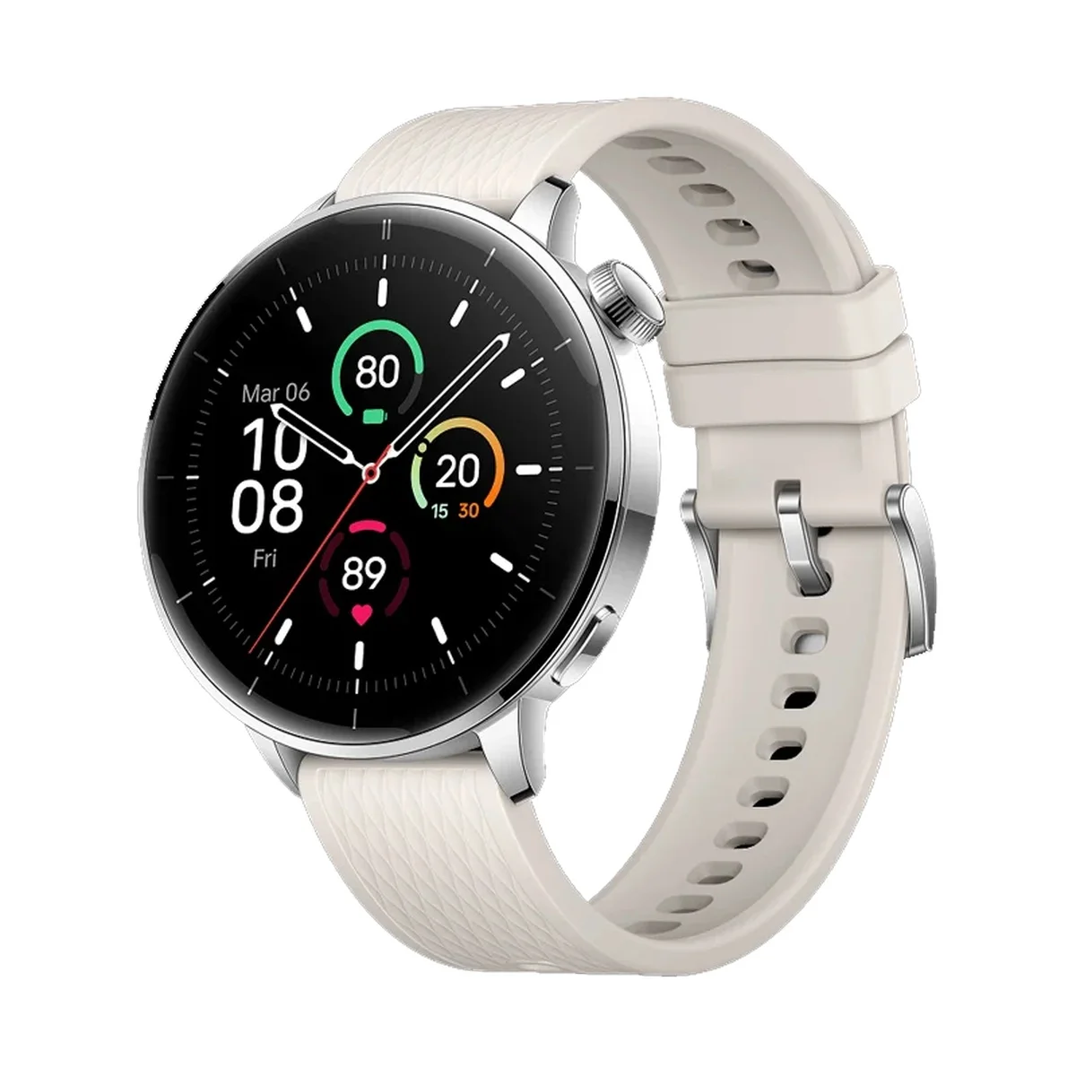 Eine weiße Smartwatch mit schwarzem Digitaldisplay, die Uhrzeit, Datum und Gesundheitsmetriken anzeigt.