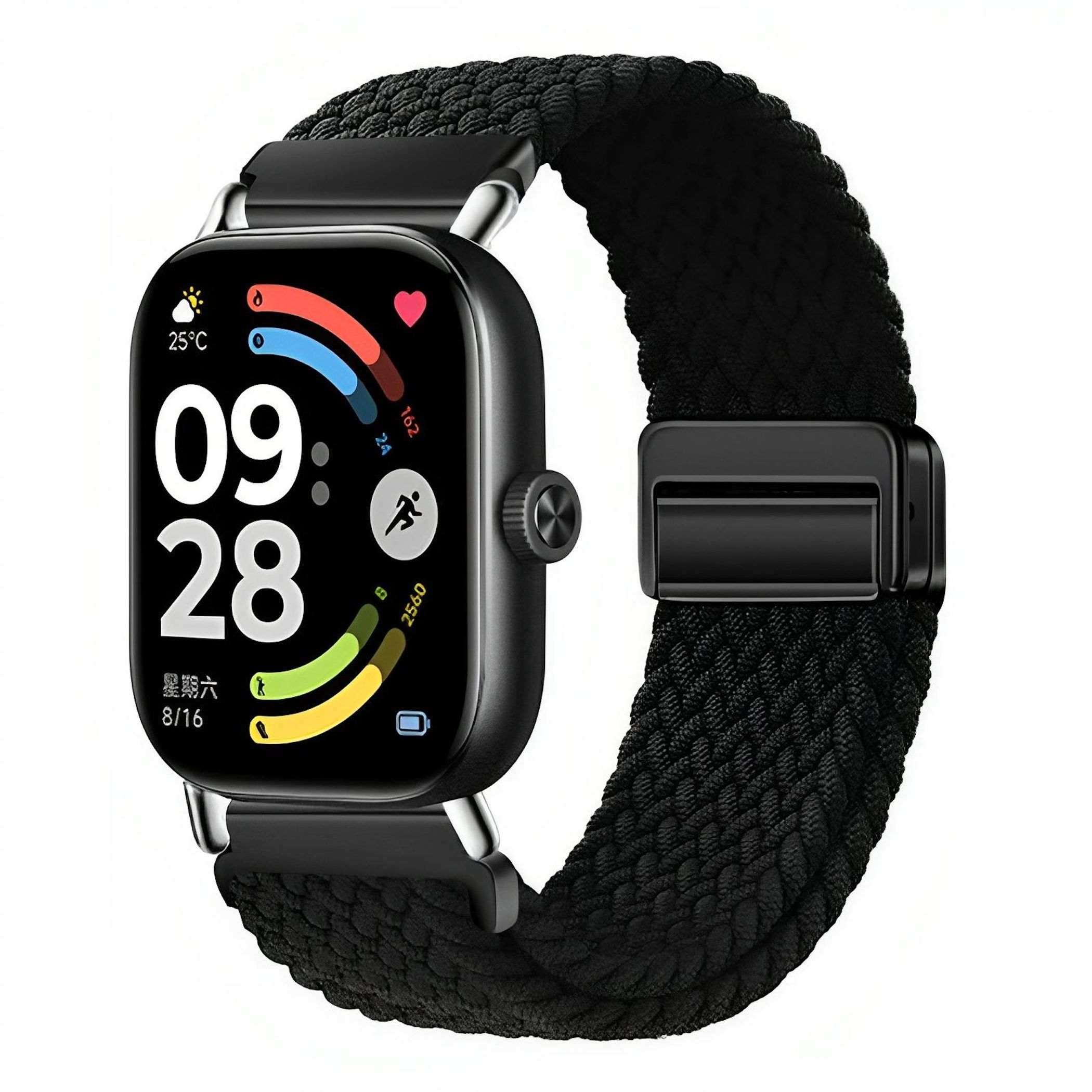 Schwarze Smartwatch mit digitaler Anzeige: 25°C, 09:28 Uhr, Herzfrequenz, Schritte.