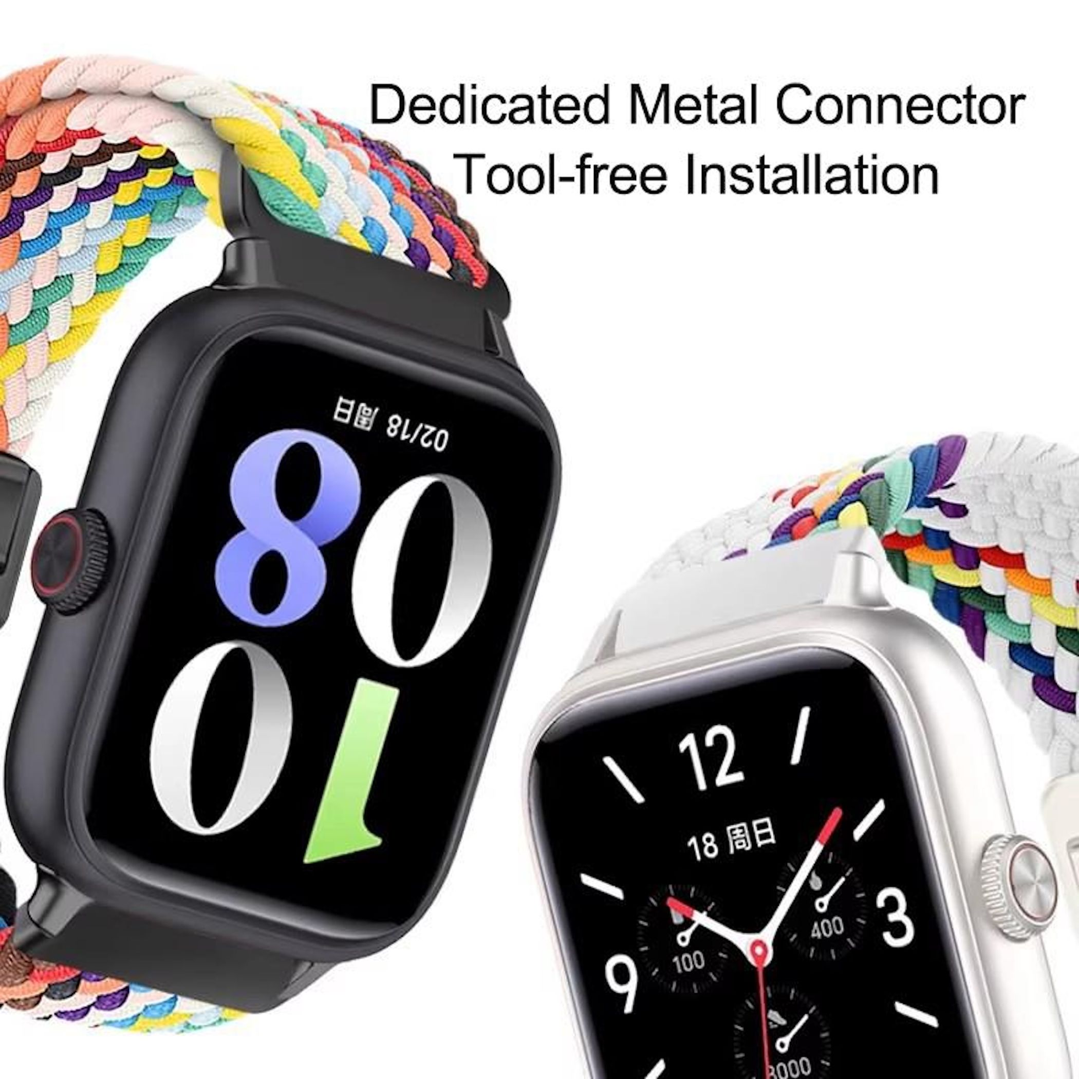 Zwei Smartwatches mit bunten, geflochtenen Armbändern. Eine zeigt '80' an.