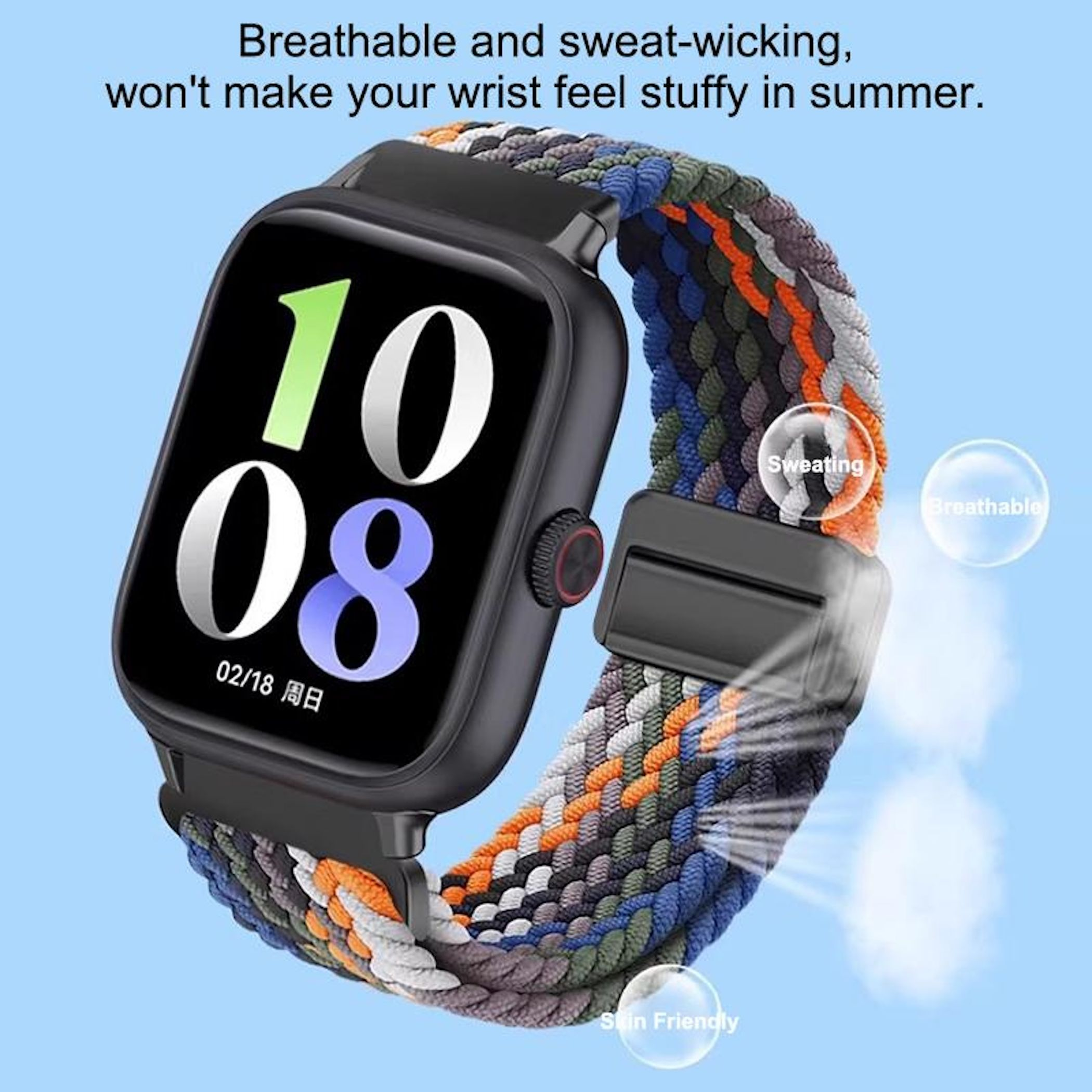 Eine Smartwatch mit mehrfarbigem geflochtenem Armband und digitaler Anzeige.