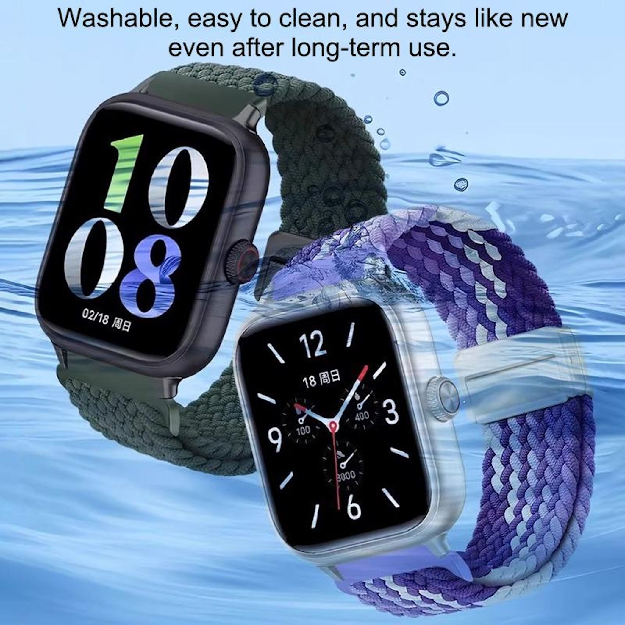 Zwei Smartwatches mit Stoffarmbändern in Wasser, eine zeigt 10:08, die andere 12:00.