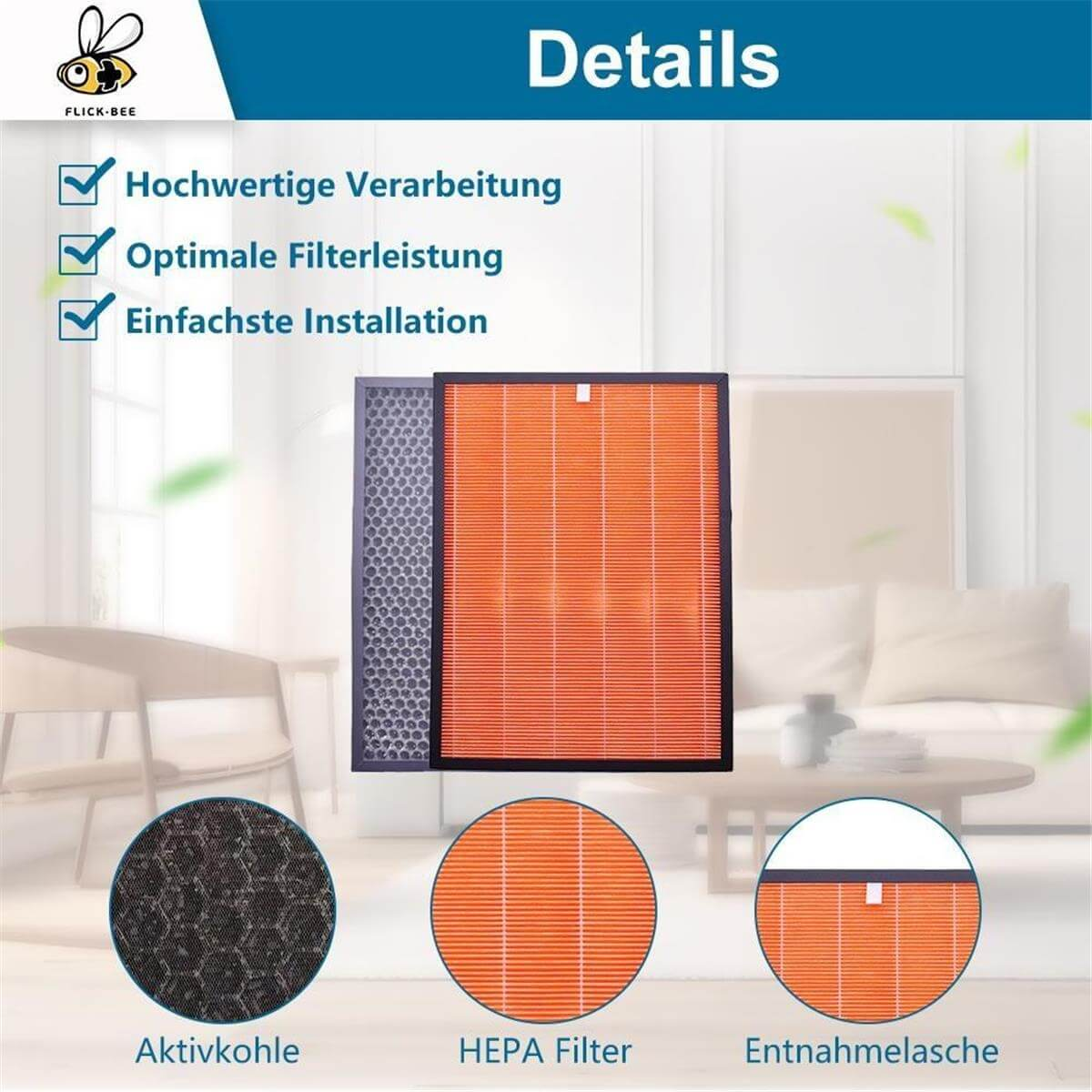 Luftfilterkomponenten: Aktivkohle, HEPA-Filter, Entnahmelasche.
