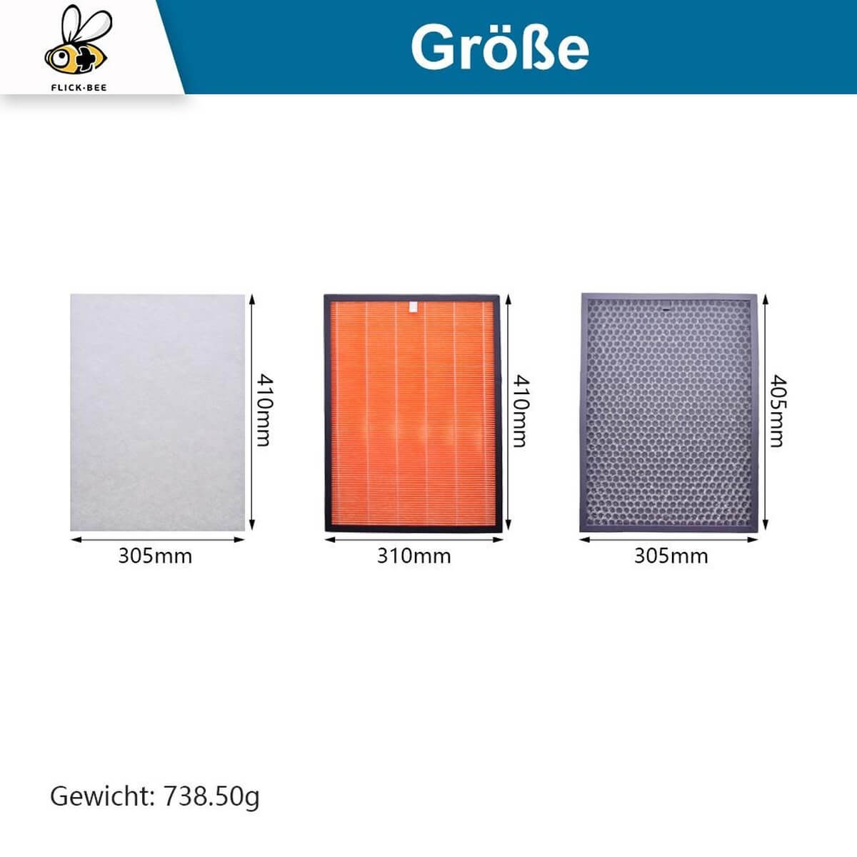 Drei Filter: weiß 305x410mm, orange 310x410mm, grau 305x405mm.