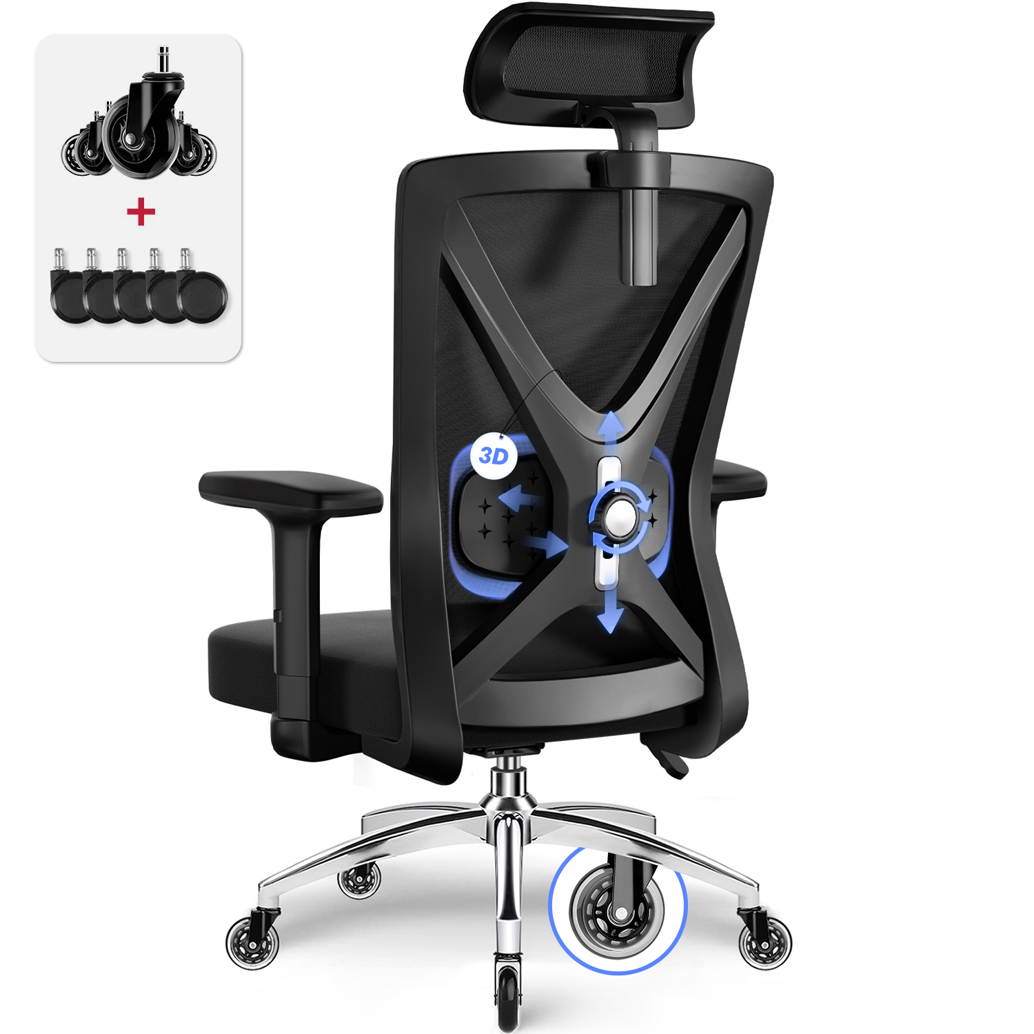 Ergonomischer Bürostuhl mit Netzrücken und verstellbaren Armlehnen. Enthält zusätzliche Rollen.