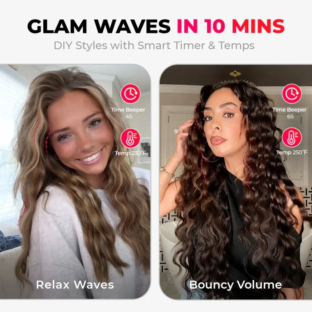 Geteiltes Bild: Links blondes Haar mit entspannten Wellen. Rechts dunkles Haar mit voluminösen Wellen.
