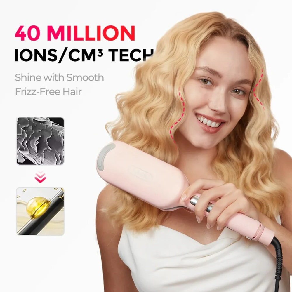 Frau mit rosa Glätteisen und glänzendem Haar, 40 Mio. Ionen/cm³ Technologie.