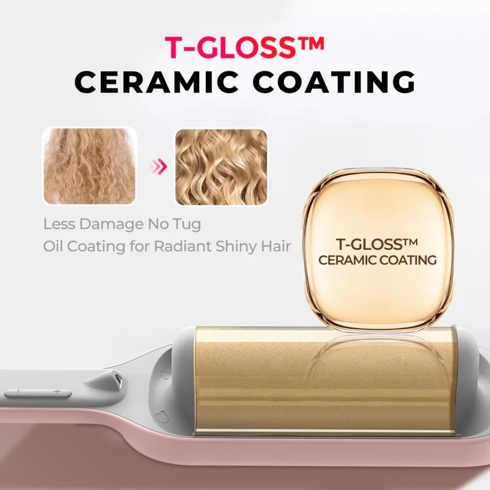 Vorher-Nachher-Bild von Haar mit T-Gloss™ Keramikbeschichtung. Glattes Haar wird zu glänzendem, gewelltem Haar.
