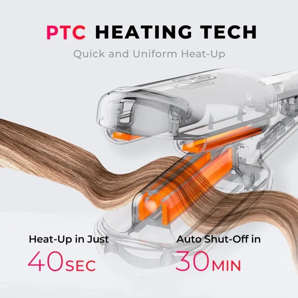 Haarglätter mit PTC-Heiztechnologie, heizt in 40 Sek. auf, schaltet sich in 30 Min. ab.