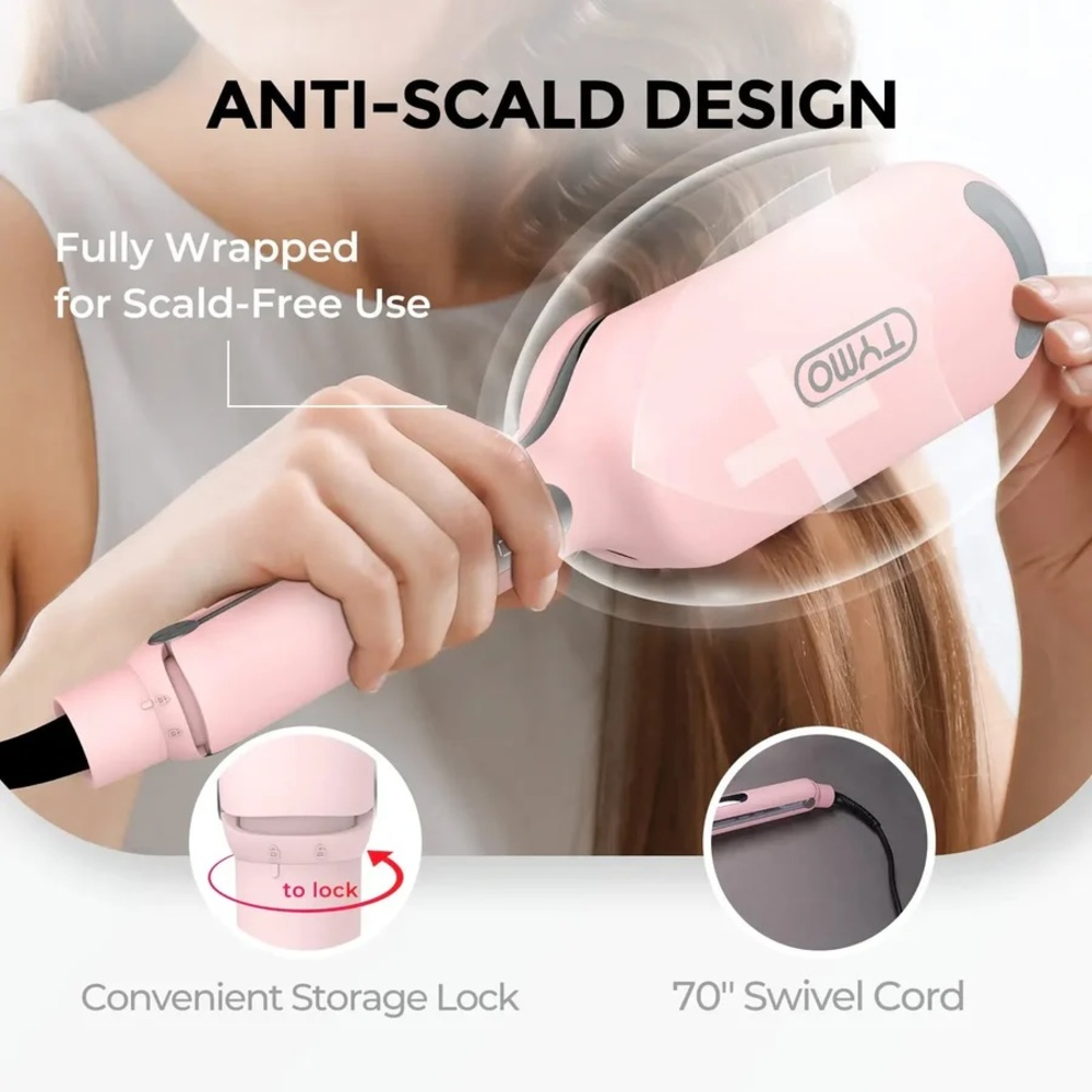 Eine Person benutzt einen rosafarbenen Lockenstab mit Anti-Scald-Design.