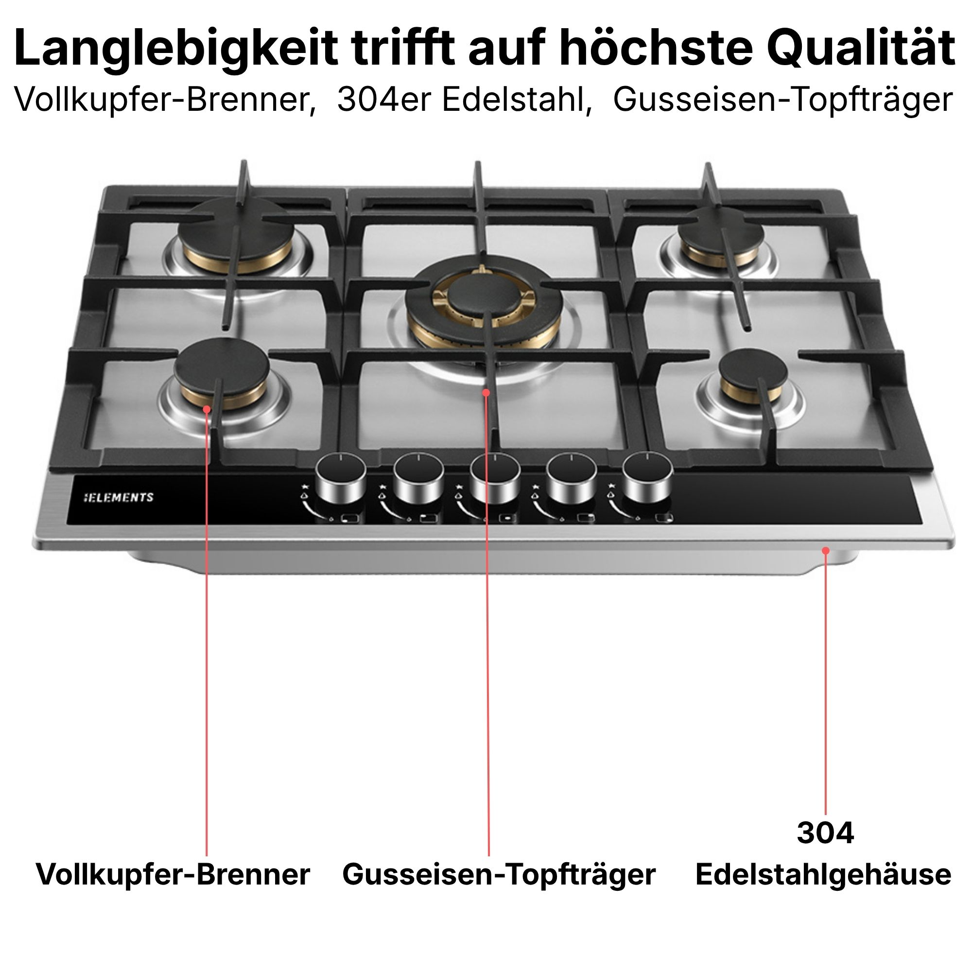 Ein silberner Gasherd mit sechs Brennern und schwarzen Gusseisen-Topfträgern.