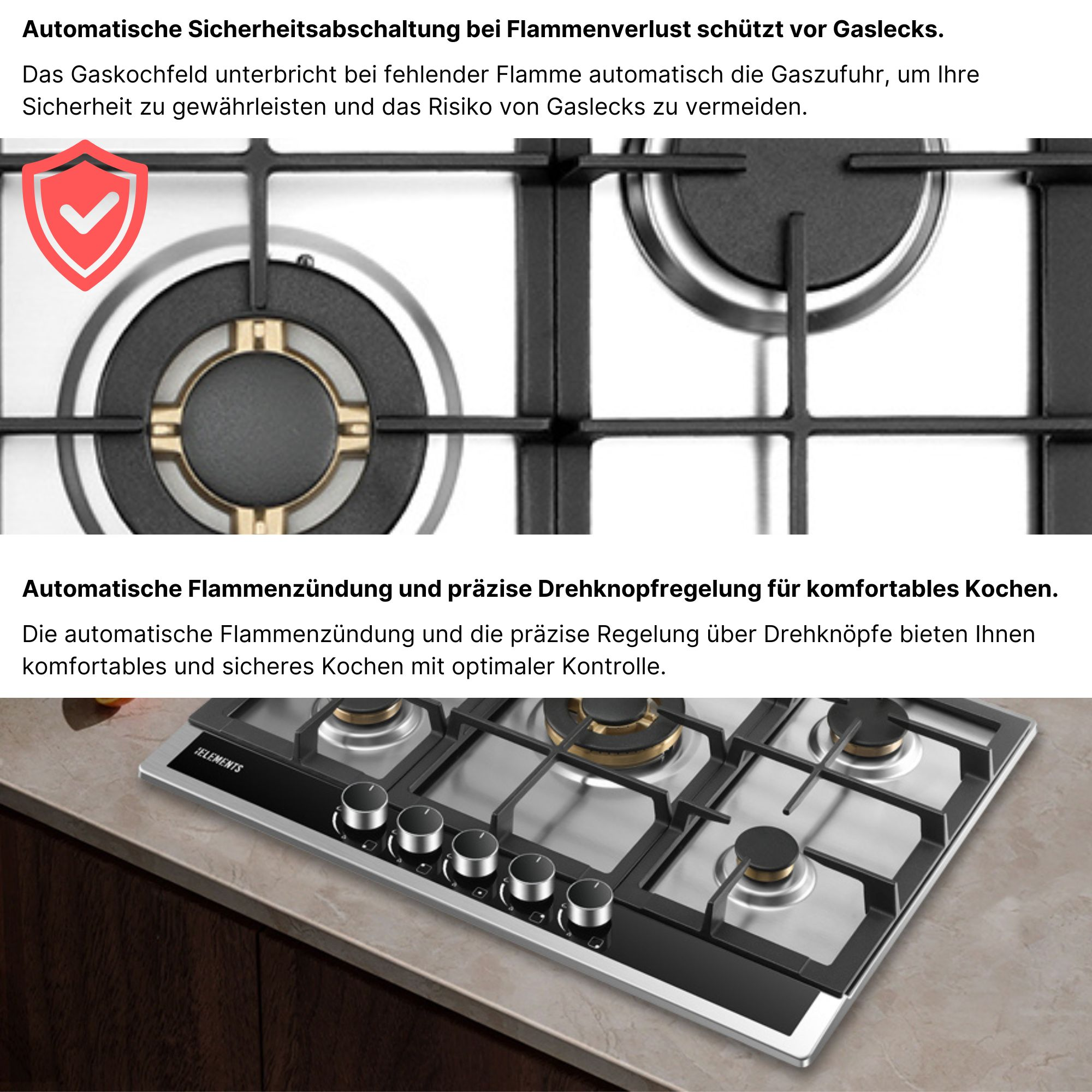 Gaskochfeld mit Sicherheitssymbol, Flammenausfallschutz und präziser Regelung.