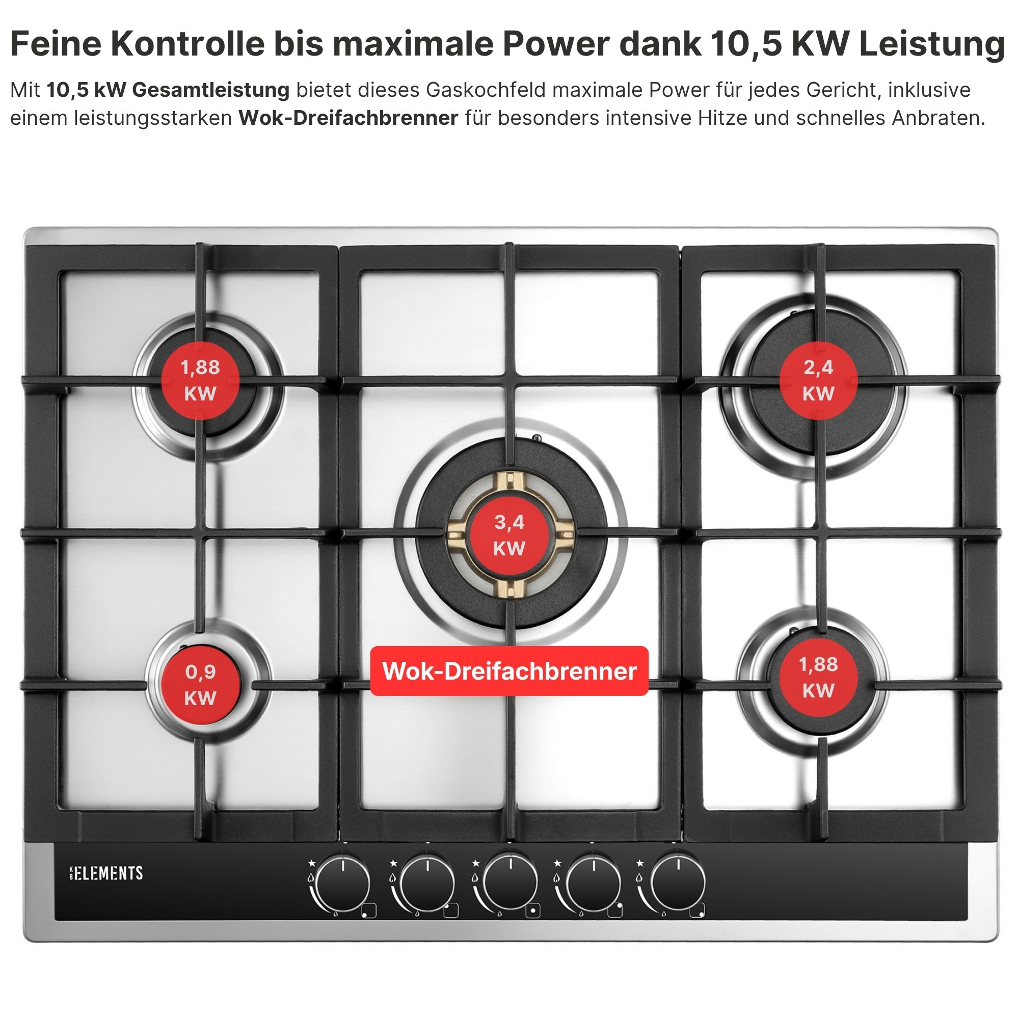 Edelstahl-Gaskochfeld mit fünf Brennern, zwei davon 1,88 KW, einer 0,9 KW, 3,4KW und 2,4KW.