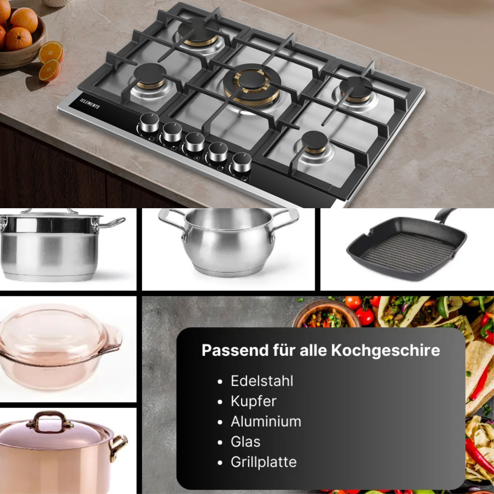 Gasherd mit Kochutensilien und Essen. Geeignet für Edelstahl, Kupfer, Aluminium, Glas, Grillplatte.