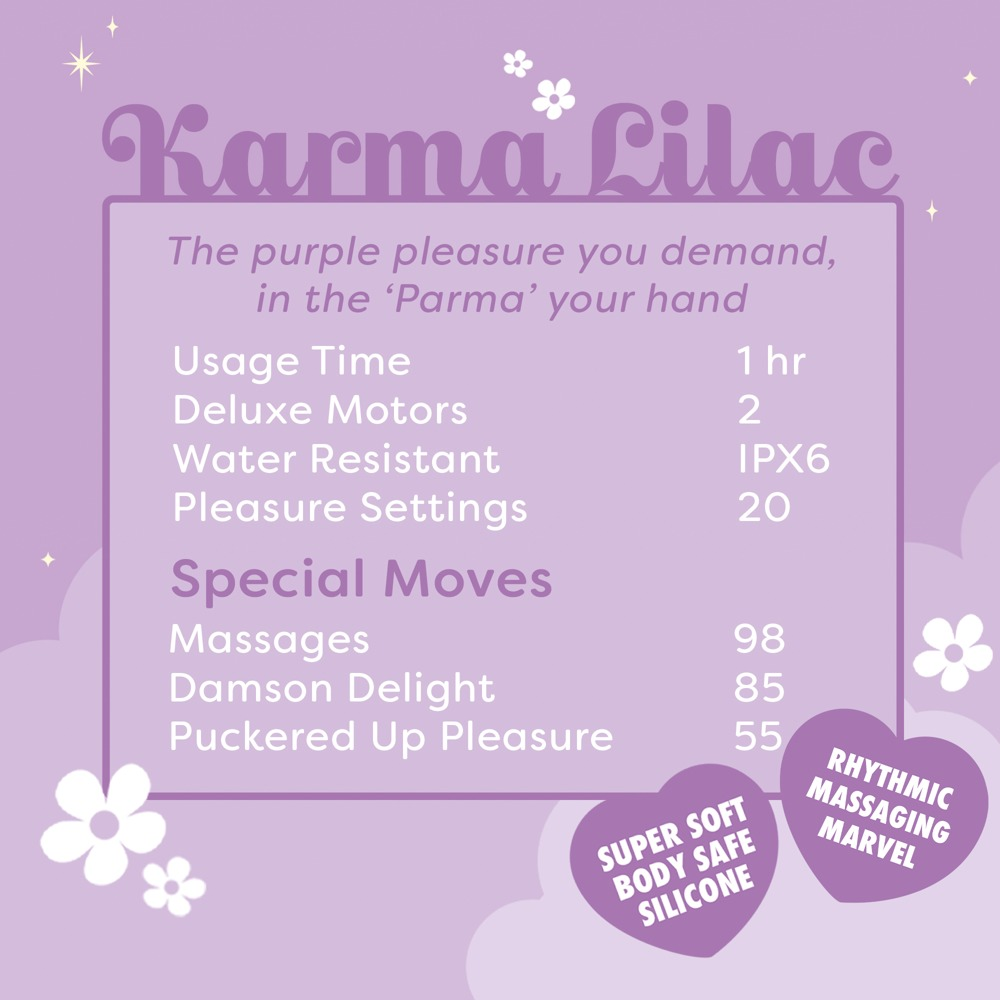 Karma Lilac: 1h Nutzzeit, 2 Motoren, IPX6 wasserdicht, 20 Einstellungen. Spezialitäten: 98 Massagen, 85 Damson Delight, 55 Puckered Up Pleasure.