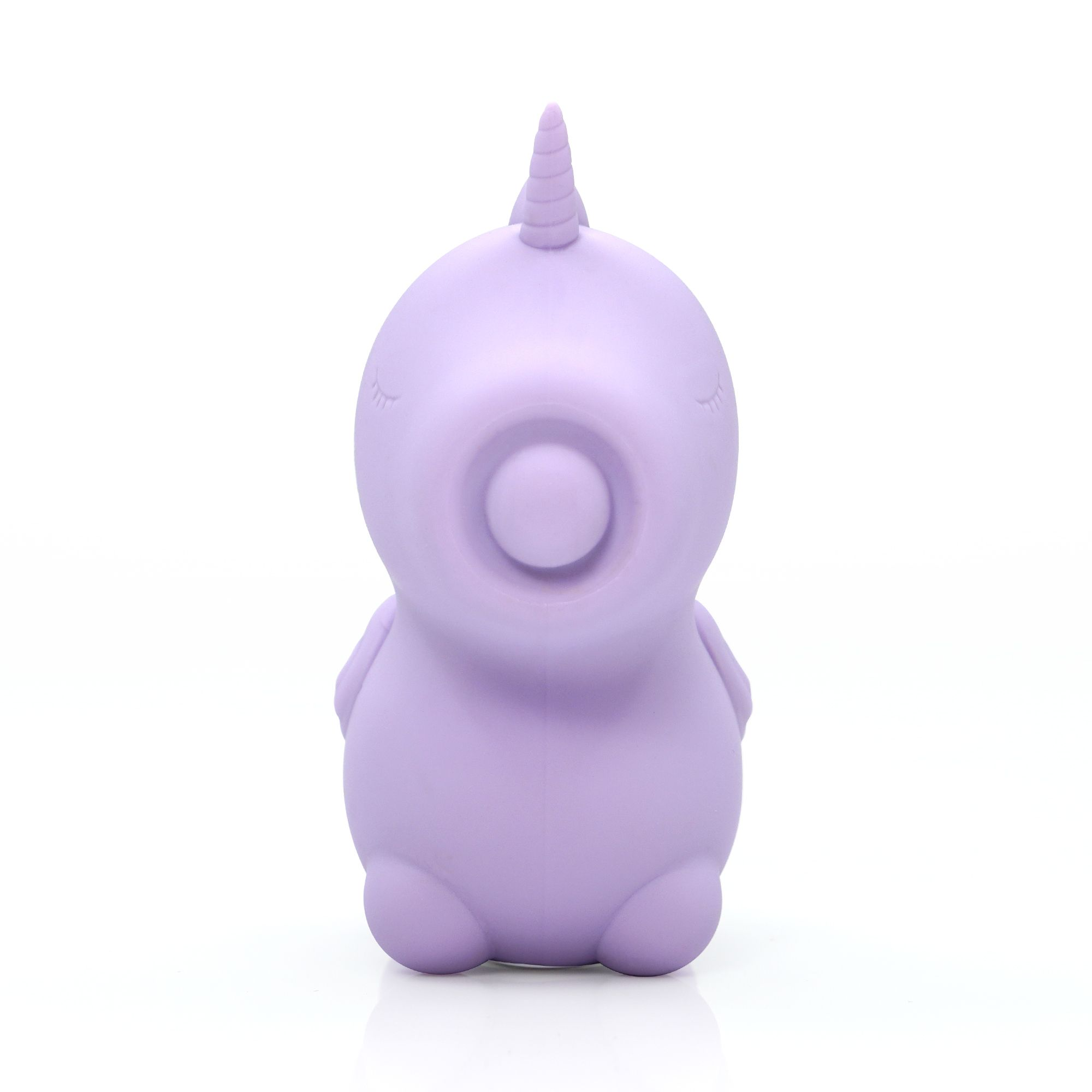Ein lilafarbener Einhorn-Stressball mit geschlossenen Augen und einem spiralförmigen Horn.