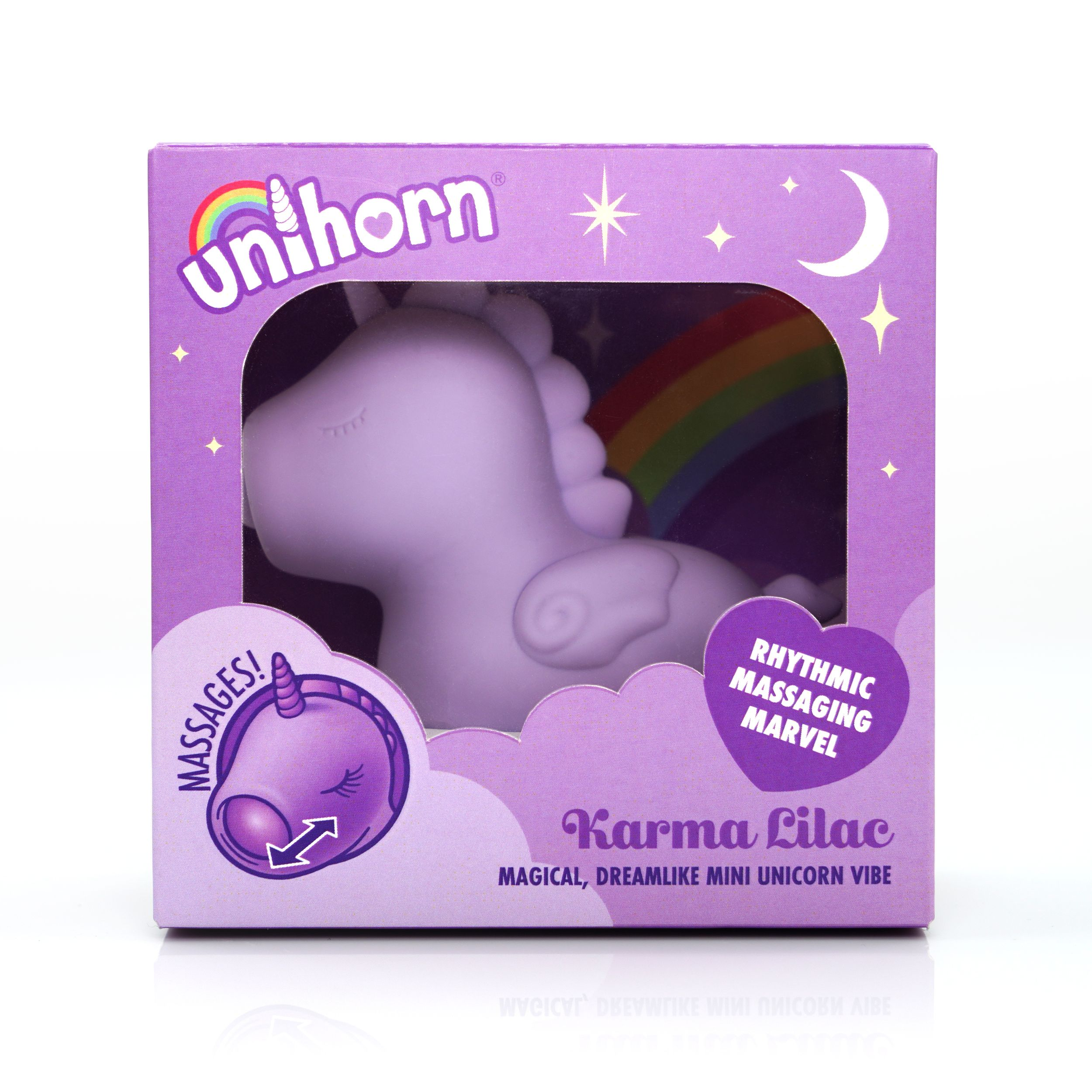 Lila Einhorn-Verpackung mit Regenbogen und Sternen. Text: Karma Lilac.