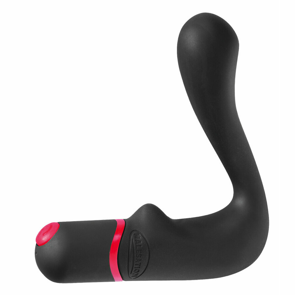 Schwarzer Vibrator mit roten Akzenten und einer gebogenen Form auf weißem Hintergrund.