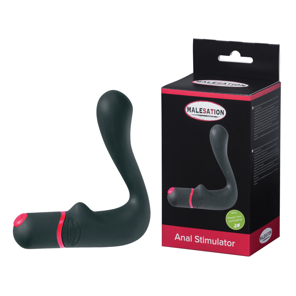 Ein schwarzer Analstimulator mit rosa Akzenten und seiner Verpackung.