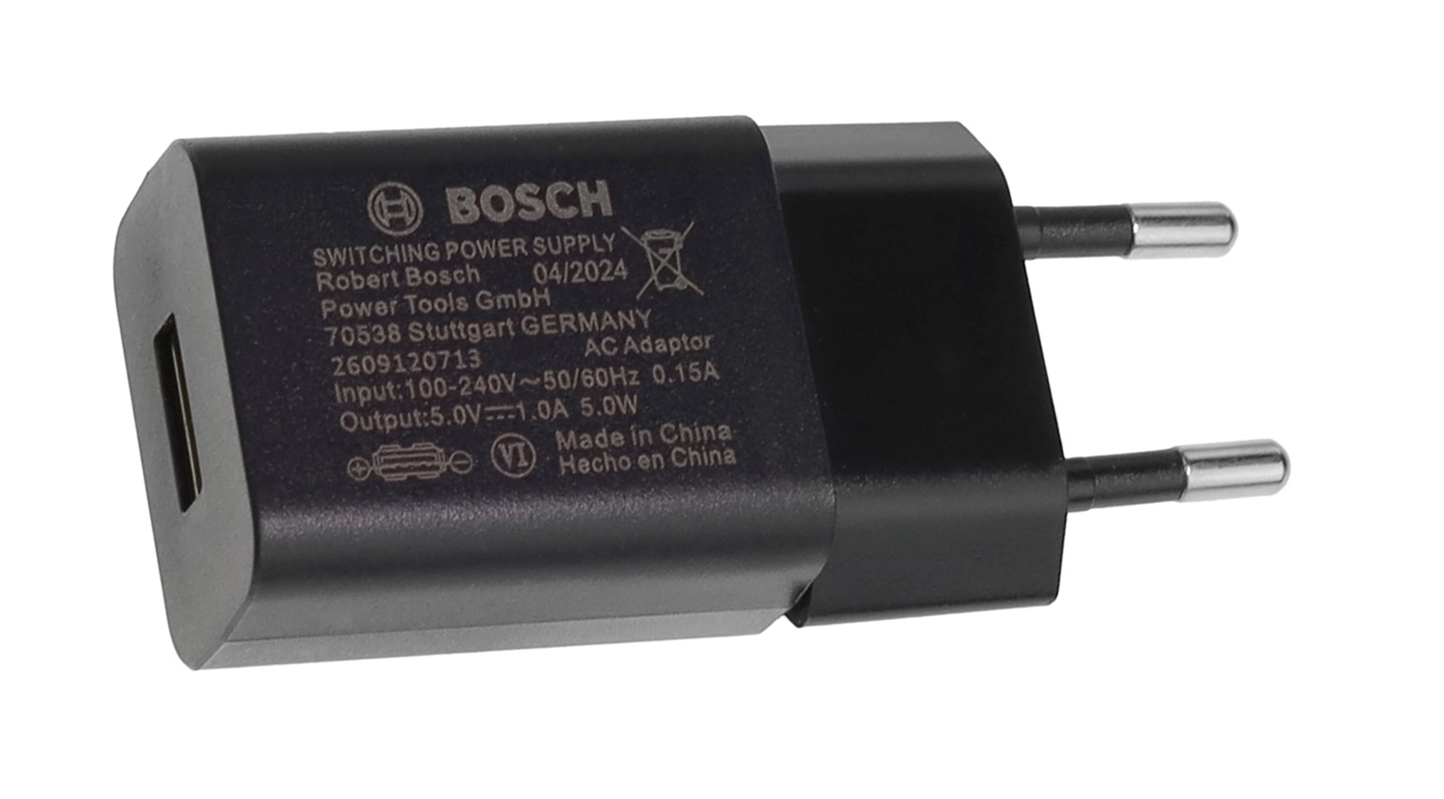 Schwarzer Bosch Netzteil-Adapter mit zwei Metallstiften und Beschriftung.