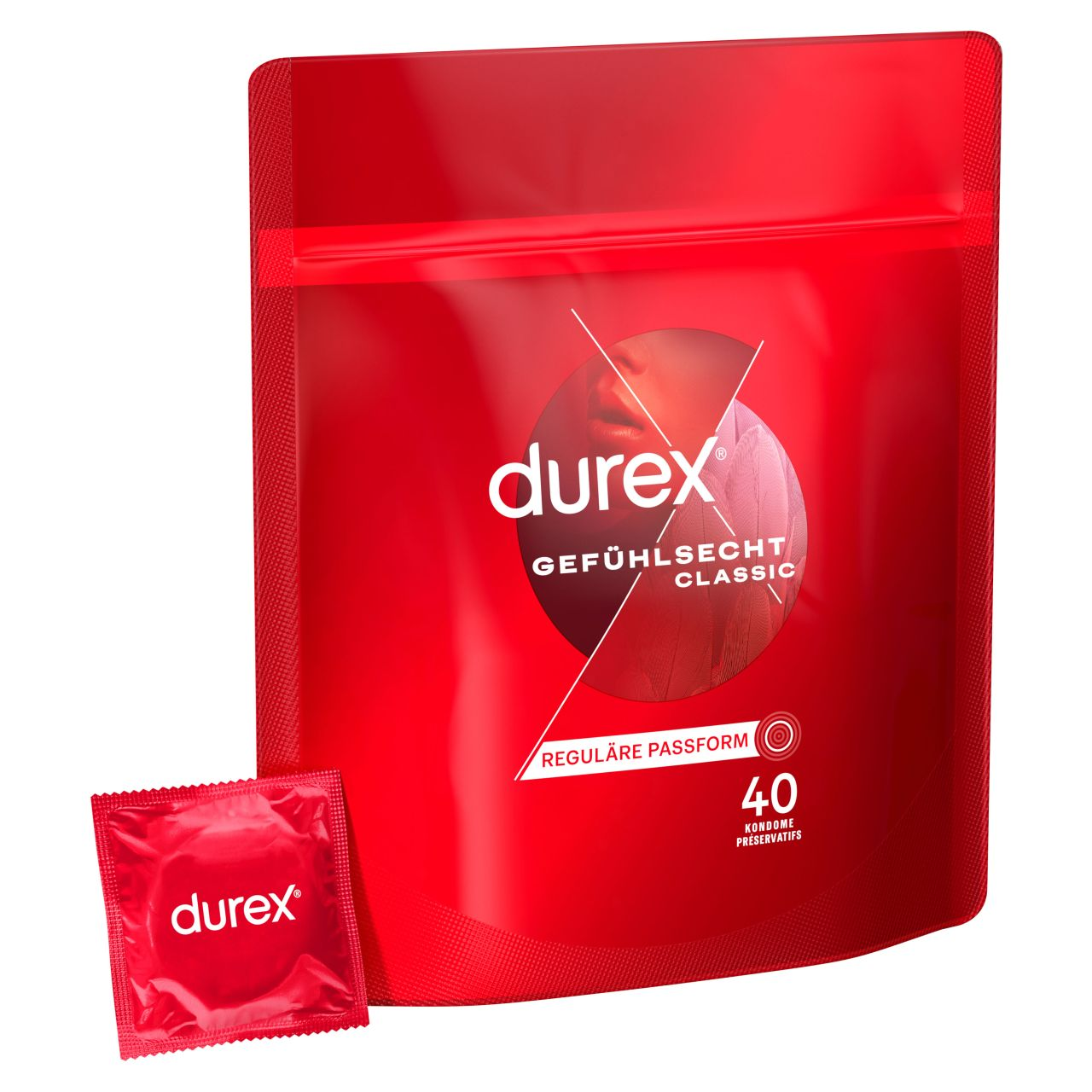Rote Packung Durex Kondome, mit 40 Stück, und eine einzelne Hülle.