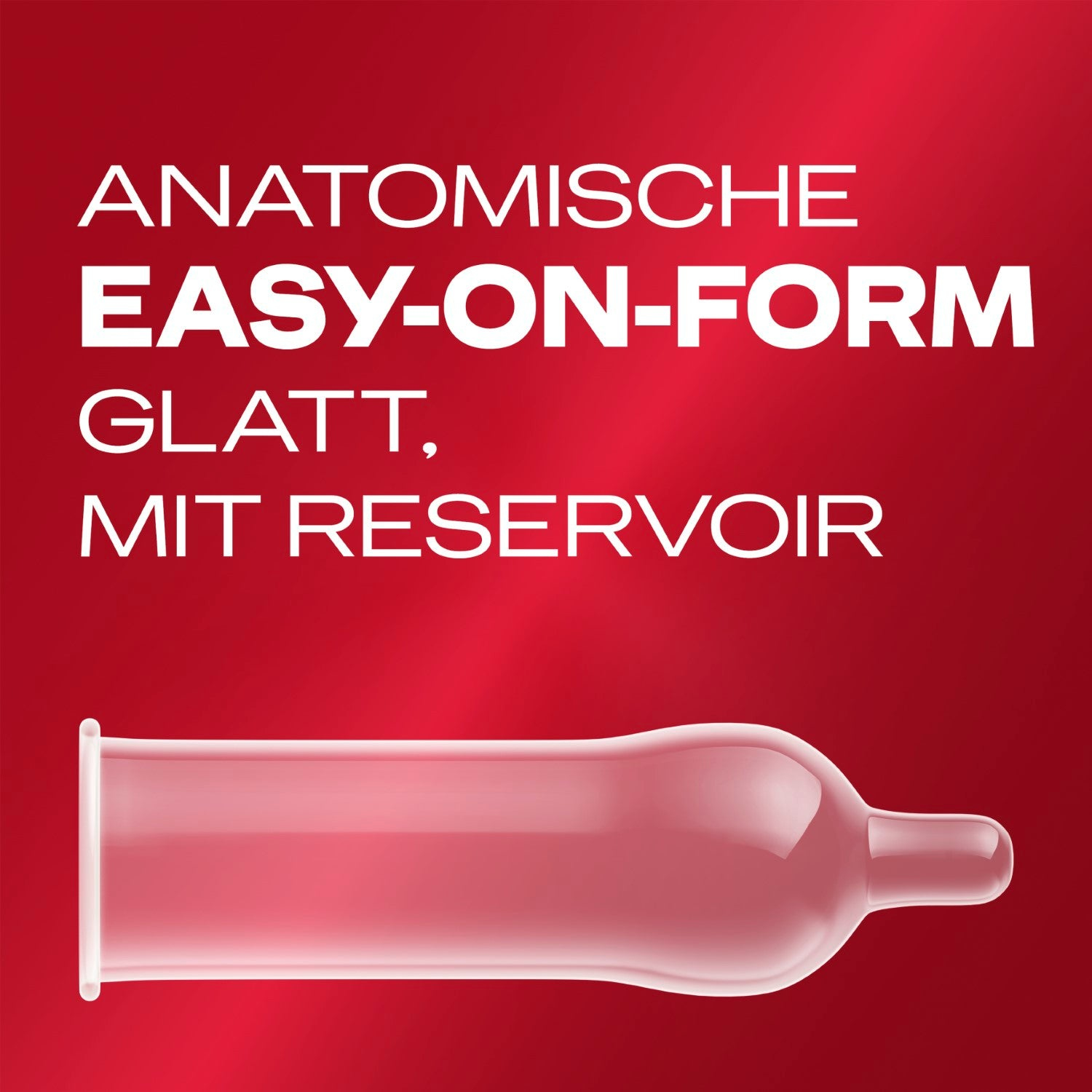 Transparenter Kondom mit Reservoir auf rotem Hintergrund.