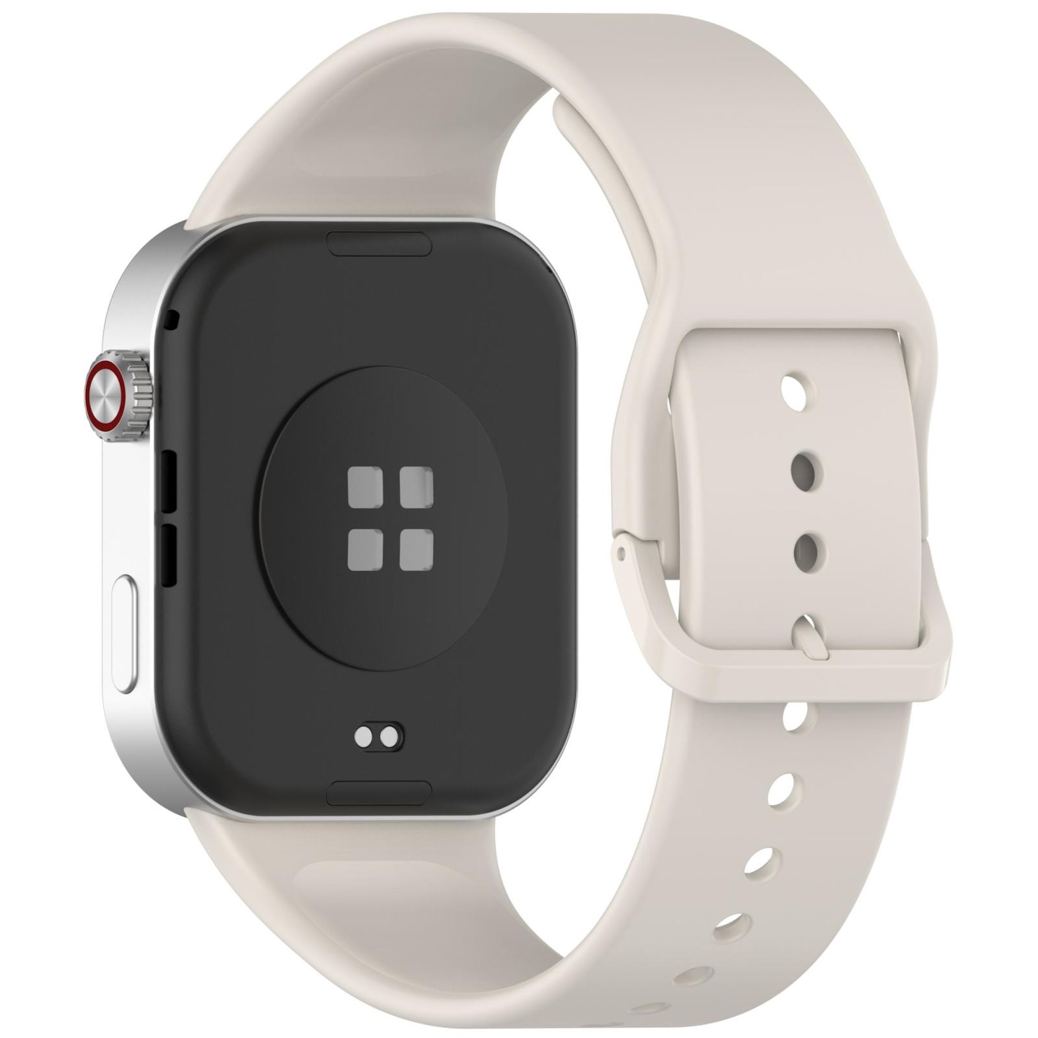 Eine weiße Smartwatch mit schwarzem Gehäuse und silbernem Knopf.