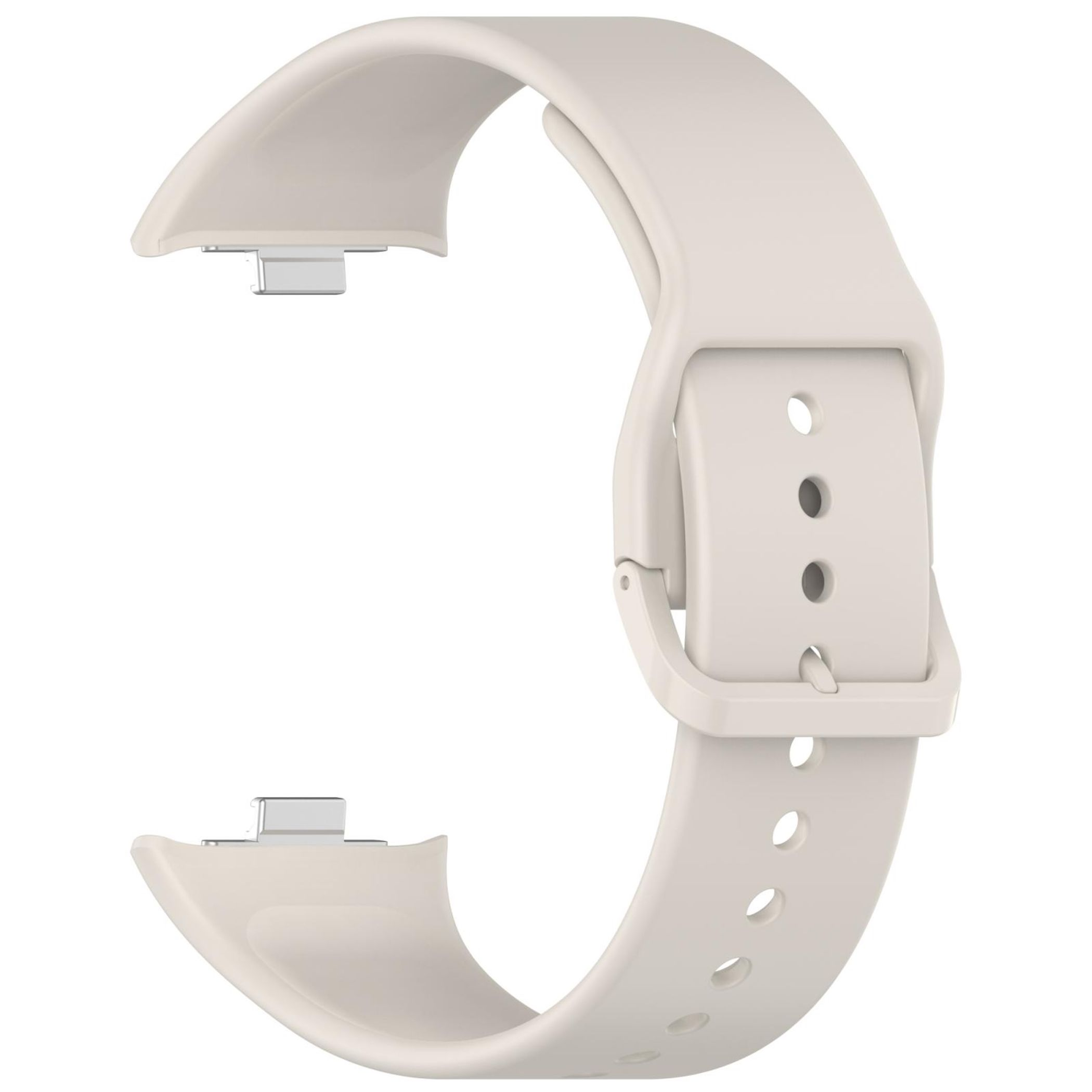 Ein hellbeiger Uhrenarmband mit Metallschnalle und Lochung.