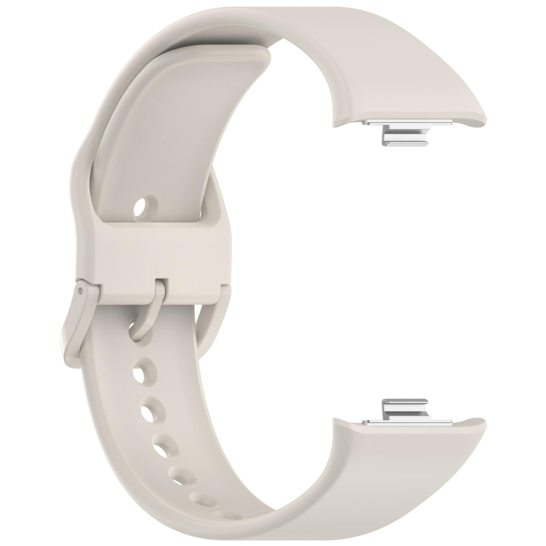 Ein hellbeiges Uhrenarmband mit Metallschnalle und Lochmuster.