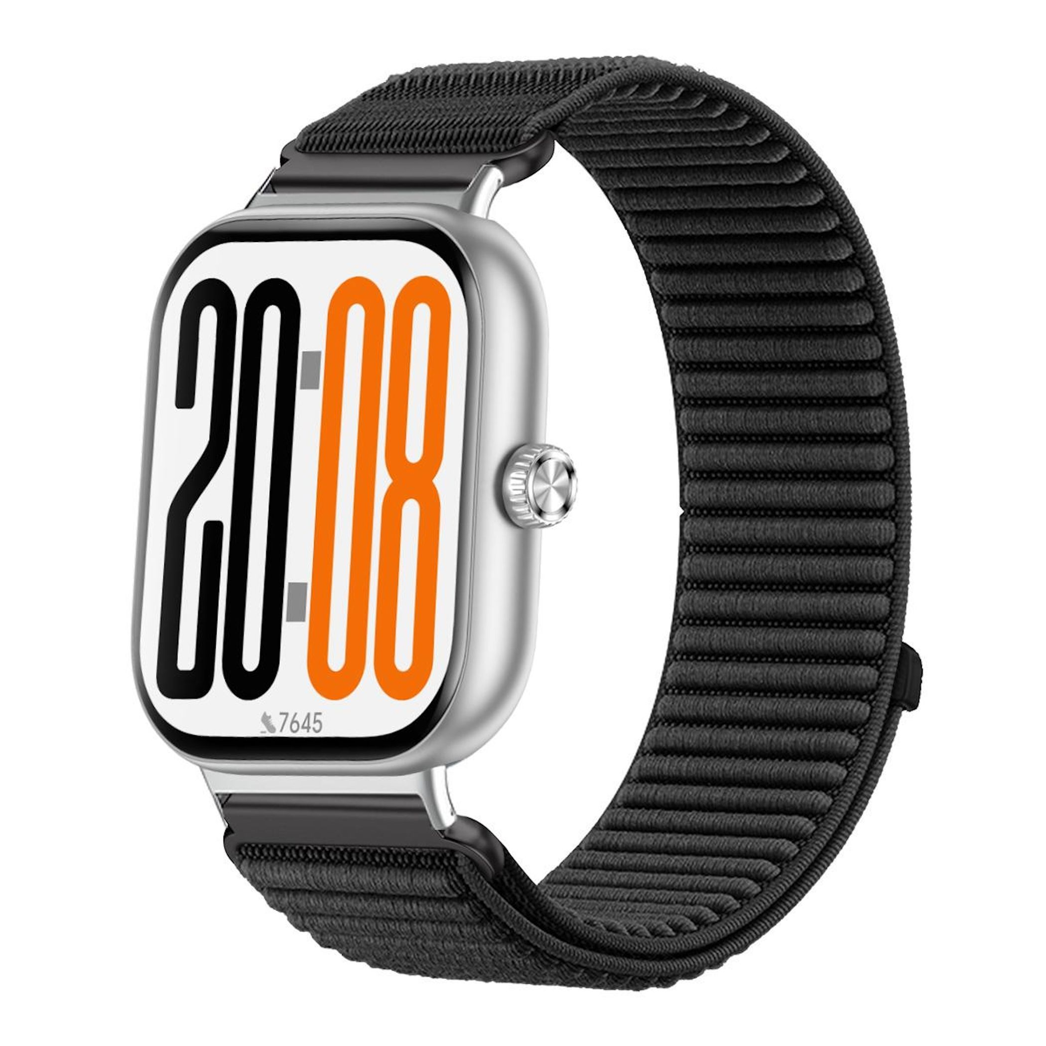 Eine silberne Smartwatch mit schwarzem Armband und digitaler Anzeige 20:08.