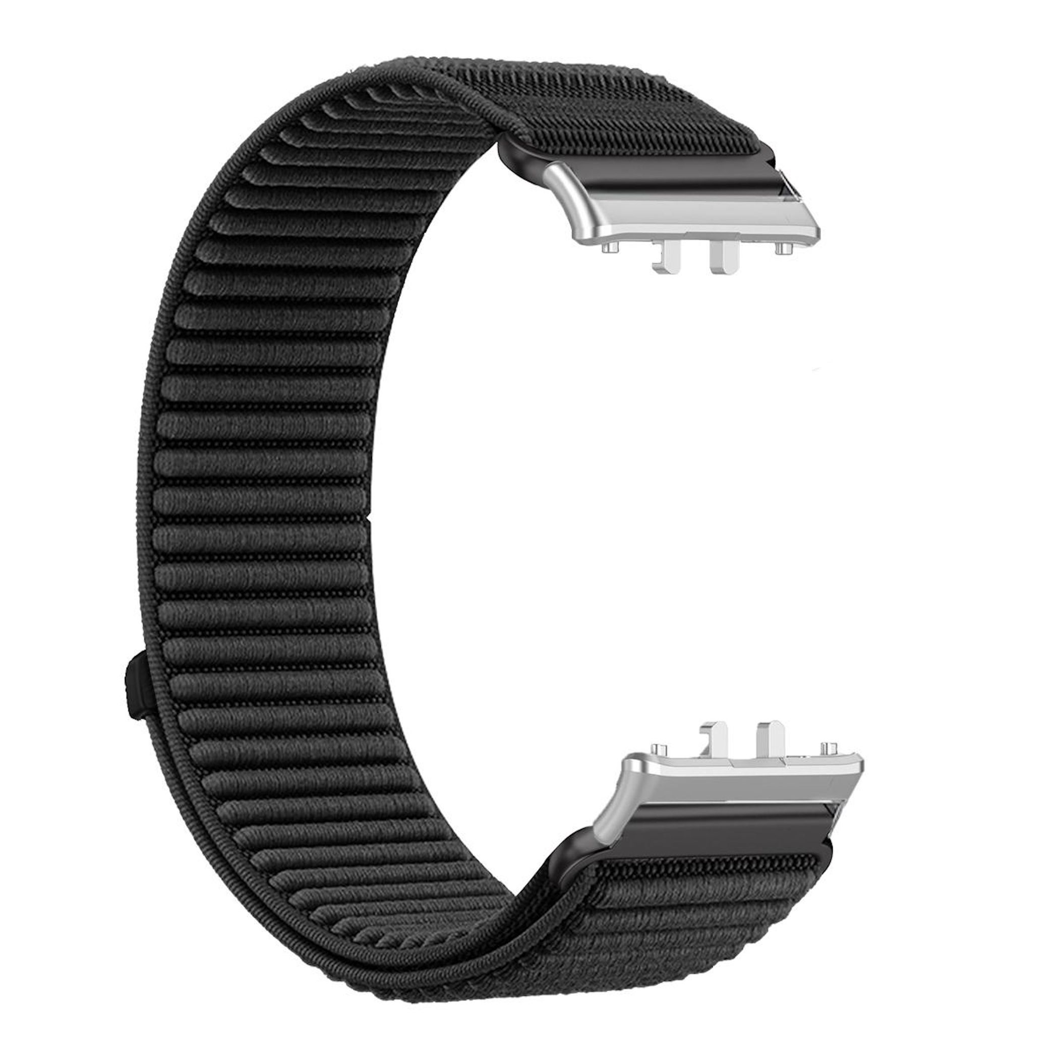 Schwarzes Textilarmband mit silbernen Anschlüssen.