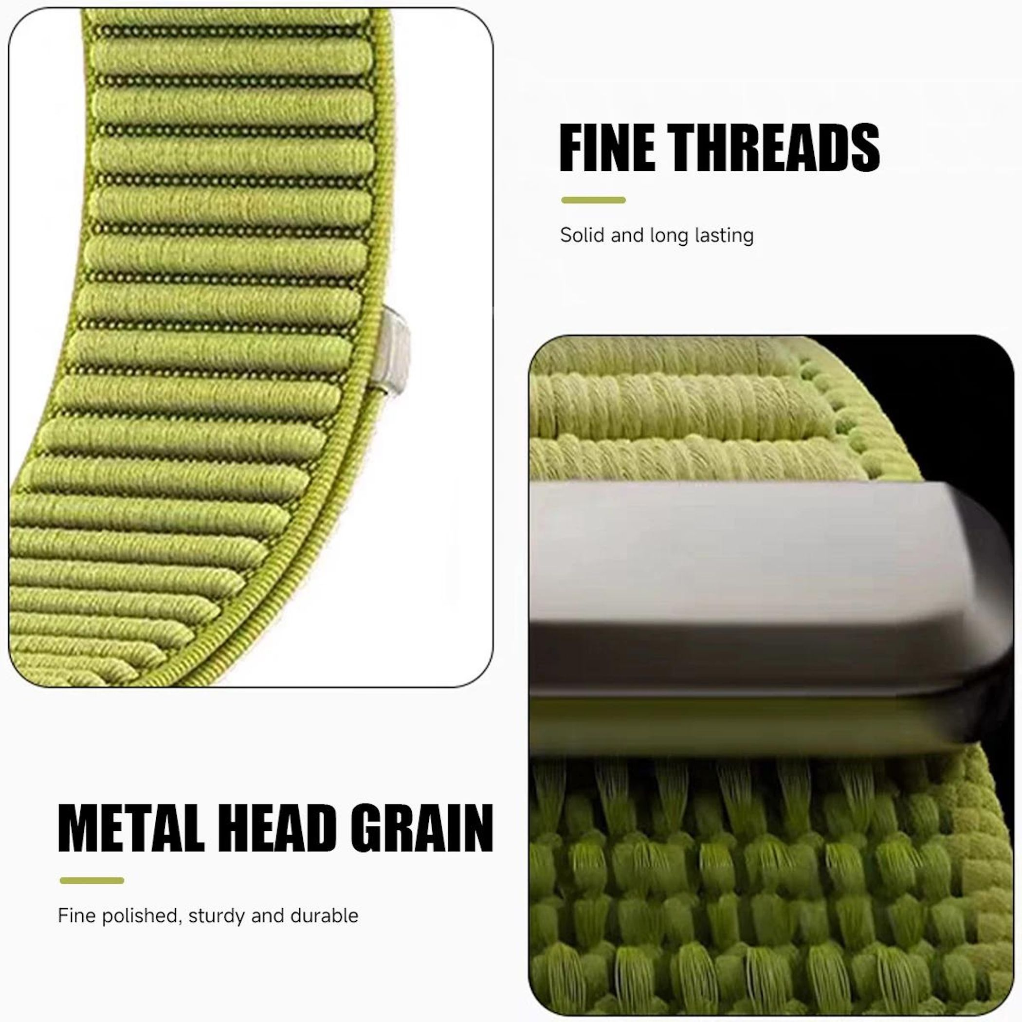 Grünes Gewebeband mit feinen Fäden und Metallkopf.