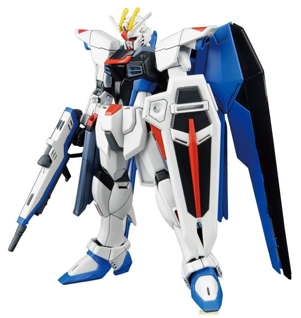 Ein weißer und blauer Roboter hält eine Waffe, mit blauen Flügeln auf dem Rücken.
