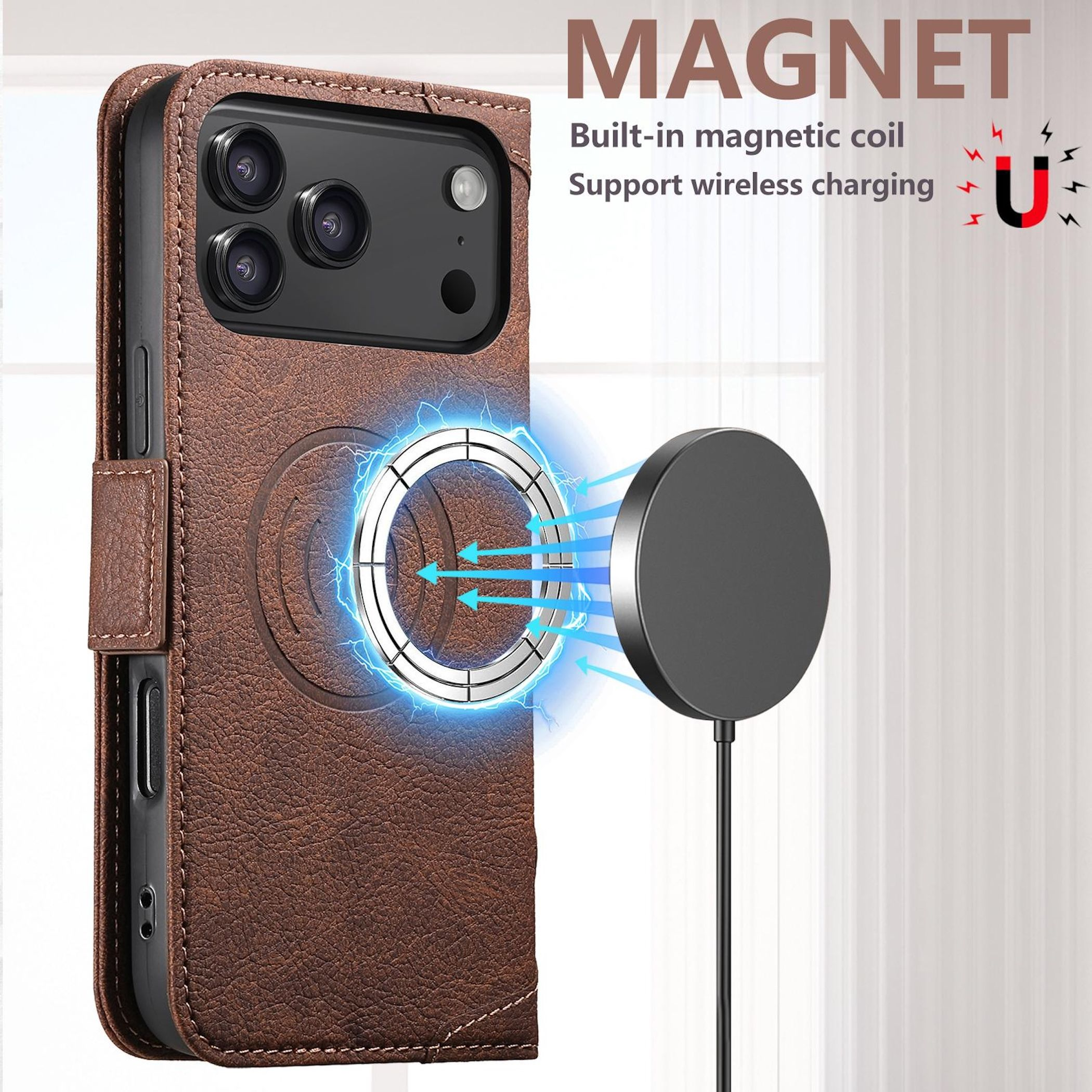 Braune Handyhülle mit Magnetladung und weißem Hintergrund.