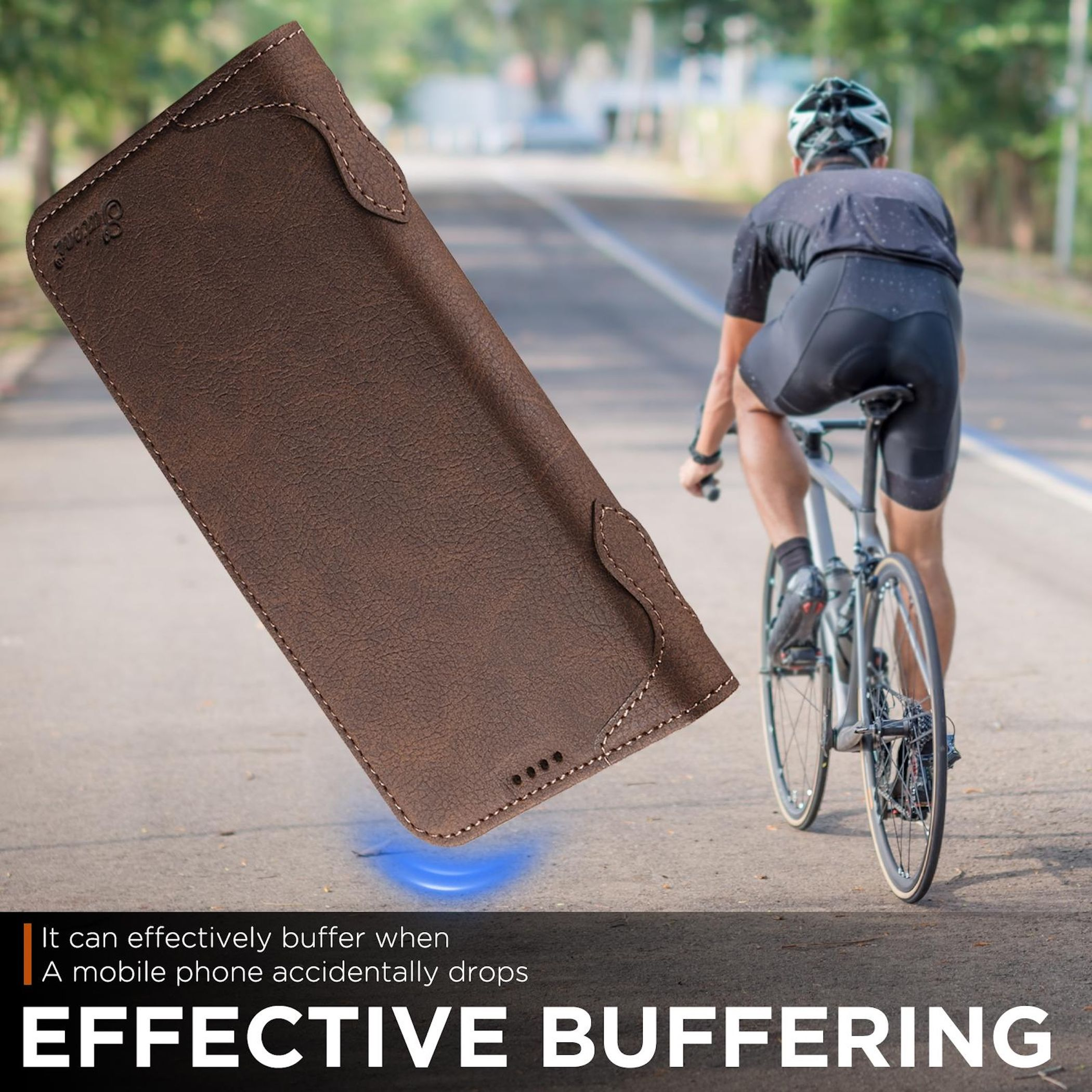 Braune Handyhülle vor einem Radfahrer auf einer Straße.