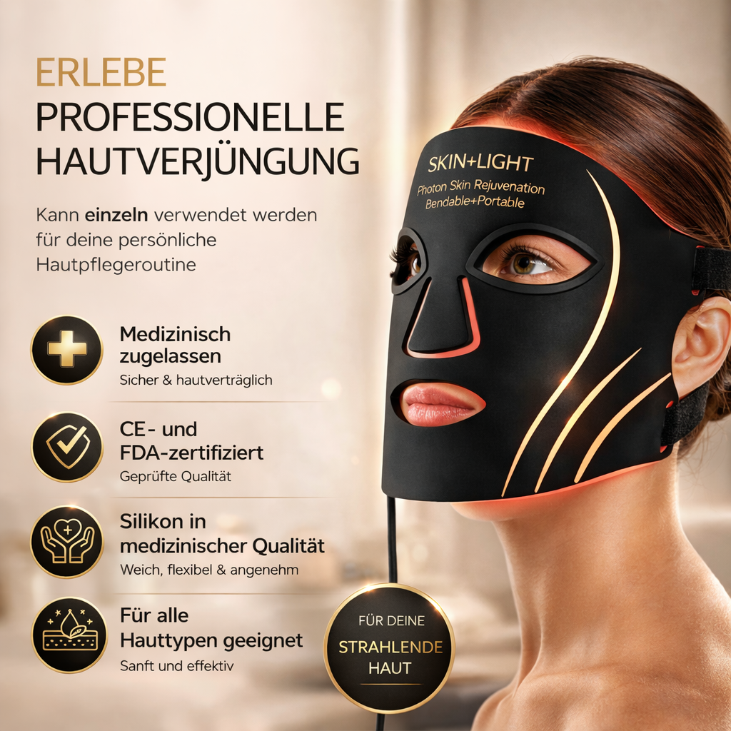 Eine Frau trägt eine schwarze Photon-Hautverjüngungsmaske mit roten Lichtern.