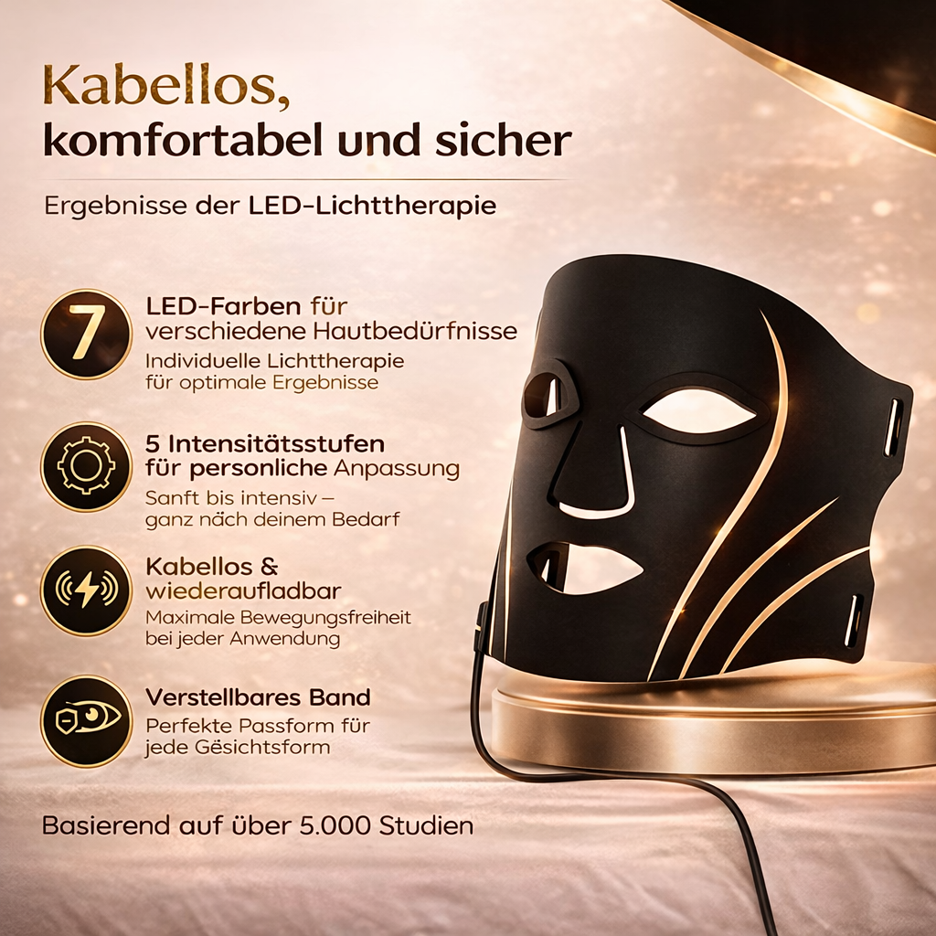 Schwarze LED-Gesichtsmaske mit goldenen Akzenten, auf einem Podest stehend.
