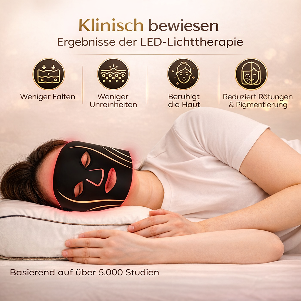 Person mit schwarzer LED-Maske liegt auf einem Kissen, rote Lichter leuchten.