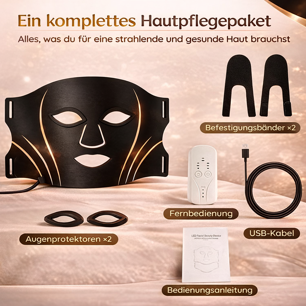 Schwarze LED-Gesichtsmaske mit Fernbedienung, Augenprotektoren, USB-Kabel und Anleitung.