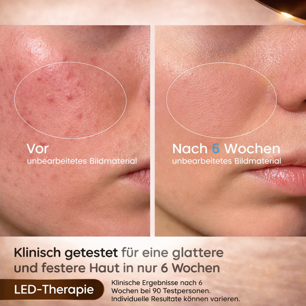 Vorher/Nachher-Vergleich von Haut mit Akne, nach 6 Wochen LED-Therapie.