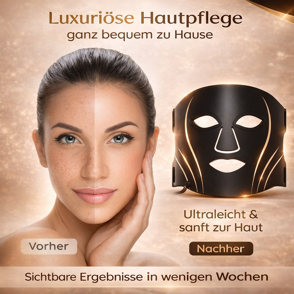 Frau mit Hautpflege-Maske, die vorher und nachher Ergebnisse zeigt.