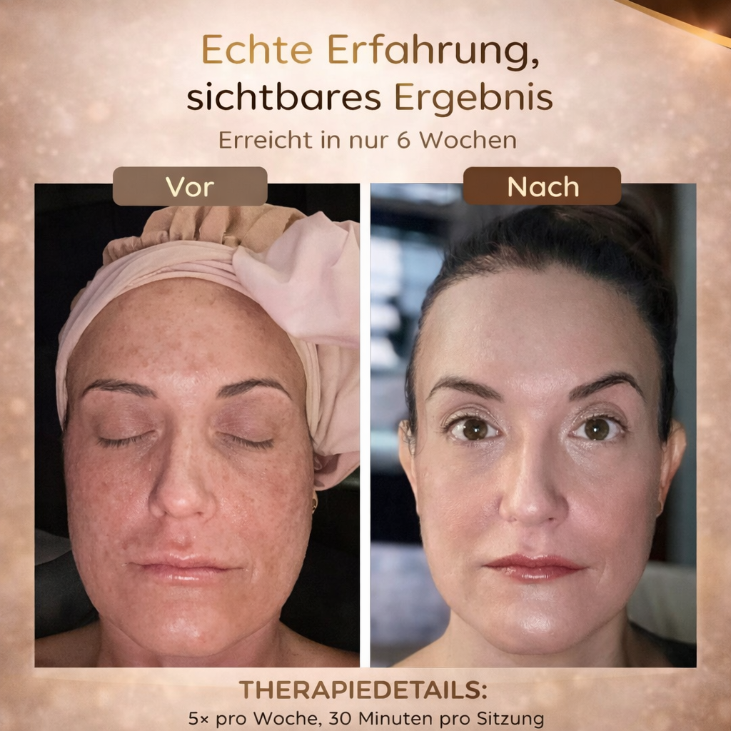 Vorher/Nachher-Vergleich: Haut mit Flecken und danach reine Haut.