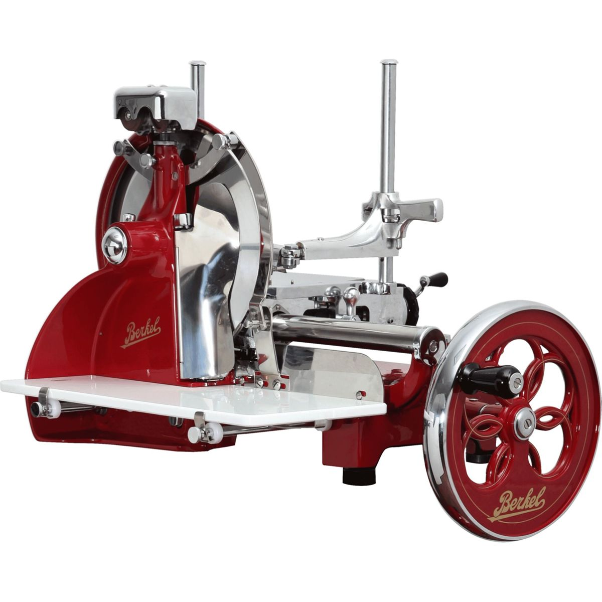 Rote Berkel Aufschnittmaschine mit Chromdetails und weißer Ablage.