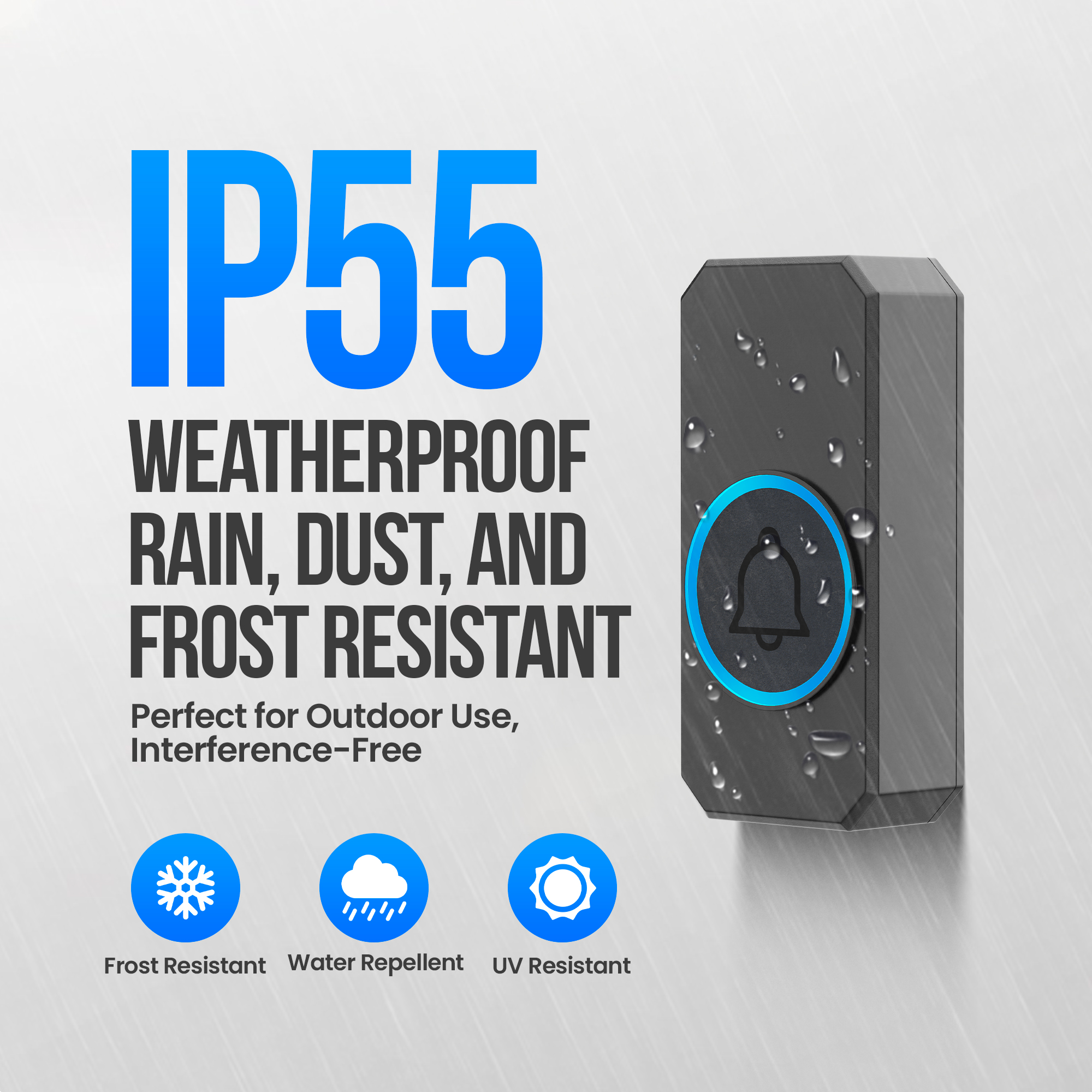 Sonnette étanche IP55, résistante à la pluie, à la poussière et au gel. Icônes pour givre, pluie et soleil.