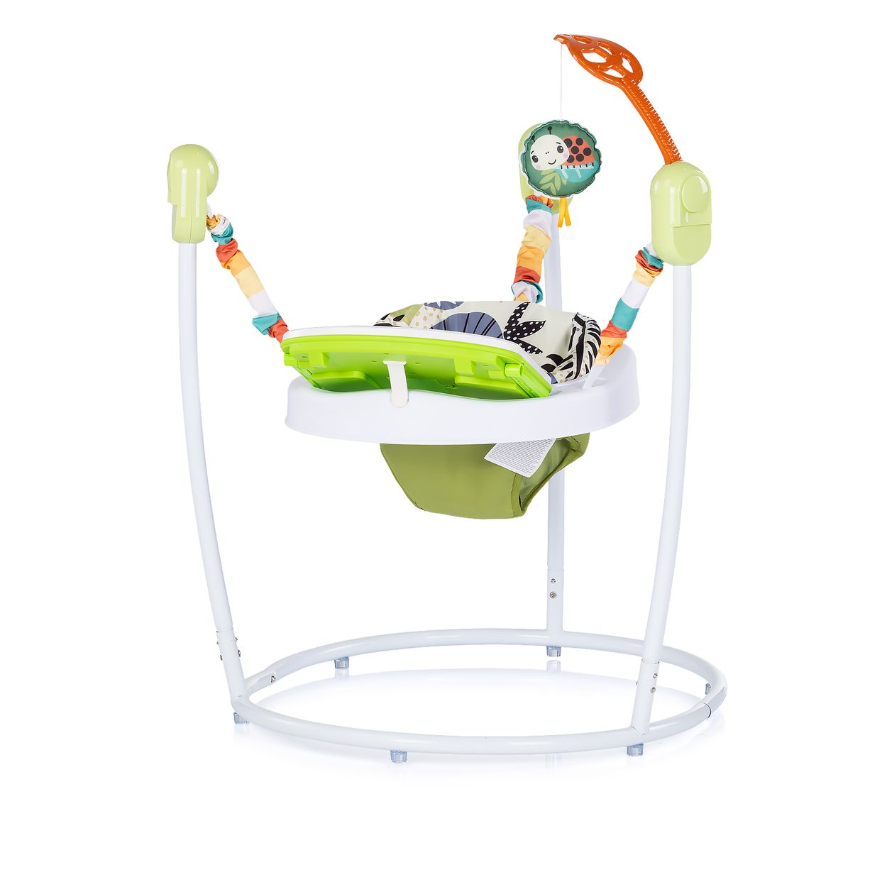 Ein weißer Baby-Jumper mit grünem Sitz und bunten Spielzeugen.