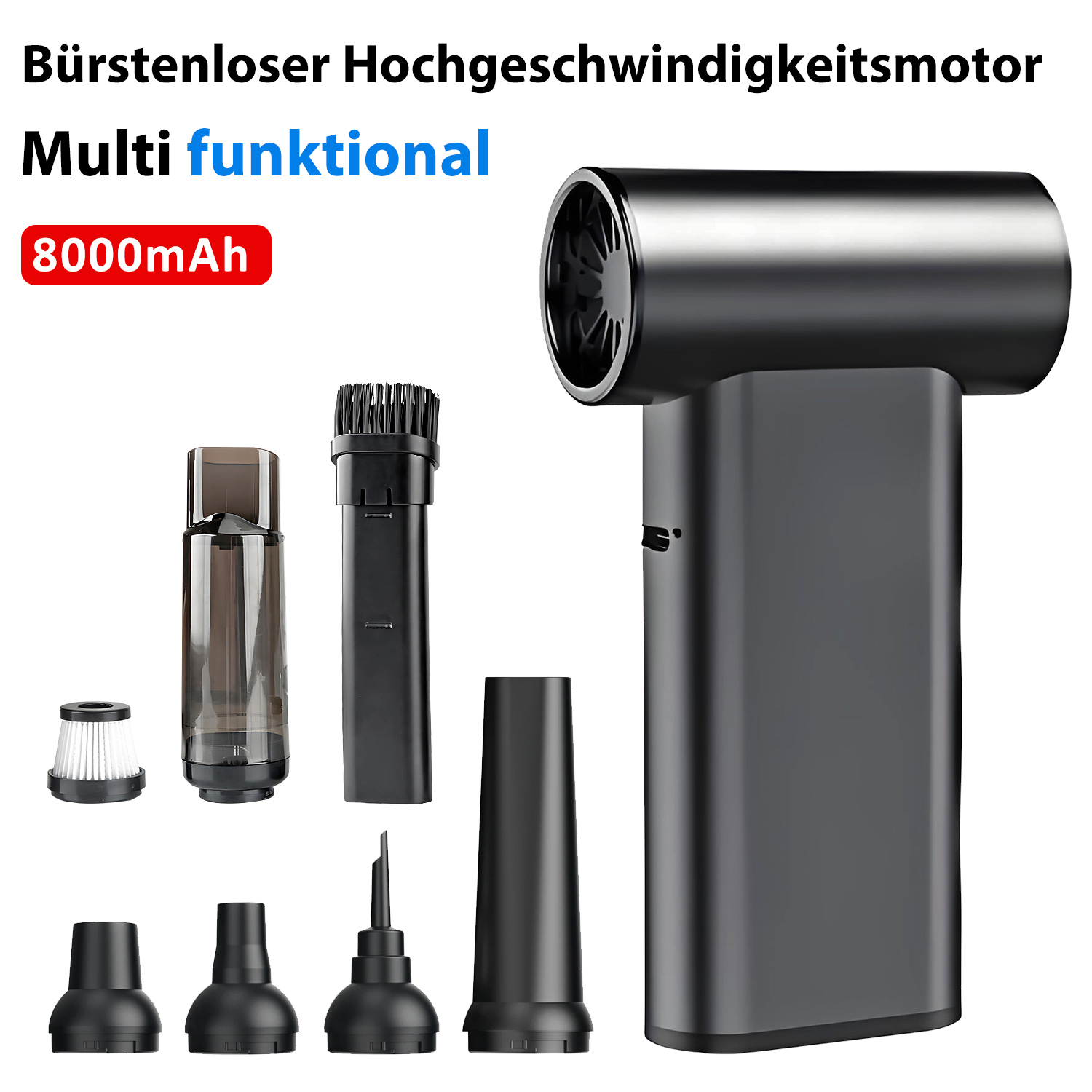 Schwarzer kabelloser Handstaubsauger mit Zubehör und 8000mAh-Akku.