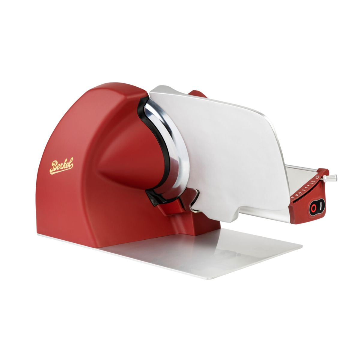 Ein roter Berkel Fleischschneider mit polierter Klinge auf weißem Hintergrund.