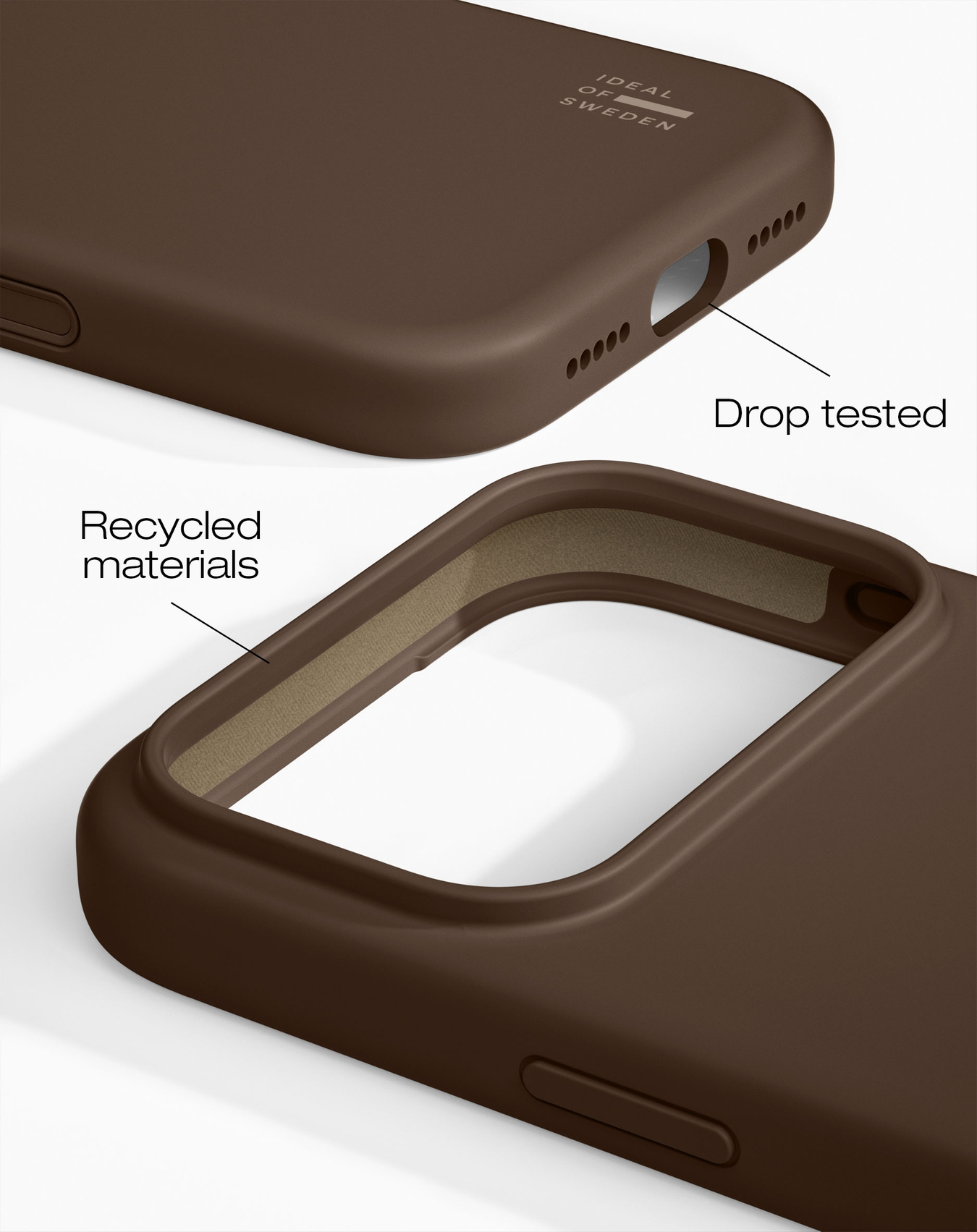Braune Handyhülle mit "IDEAL OF SWEDEN" Logo, "Drop tested" und "Recycled materials".