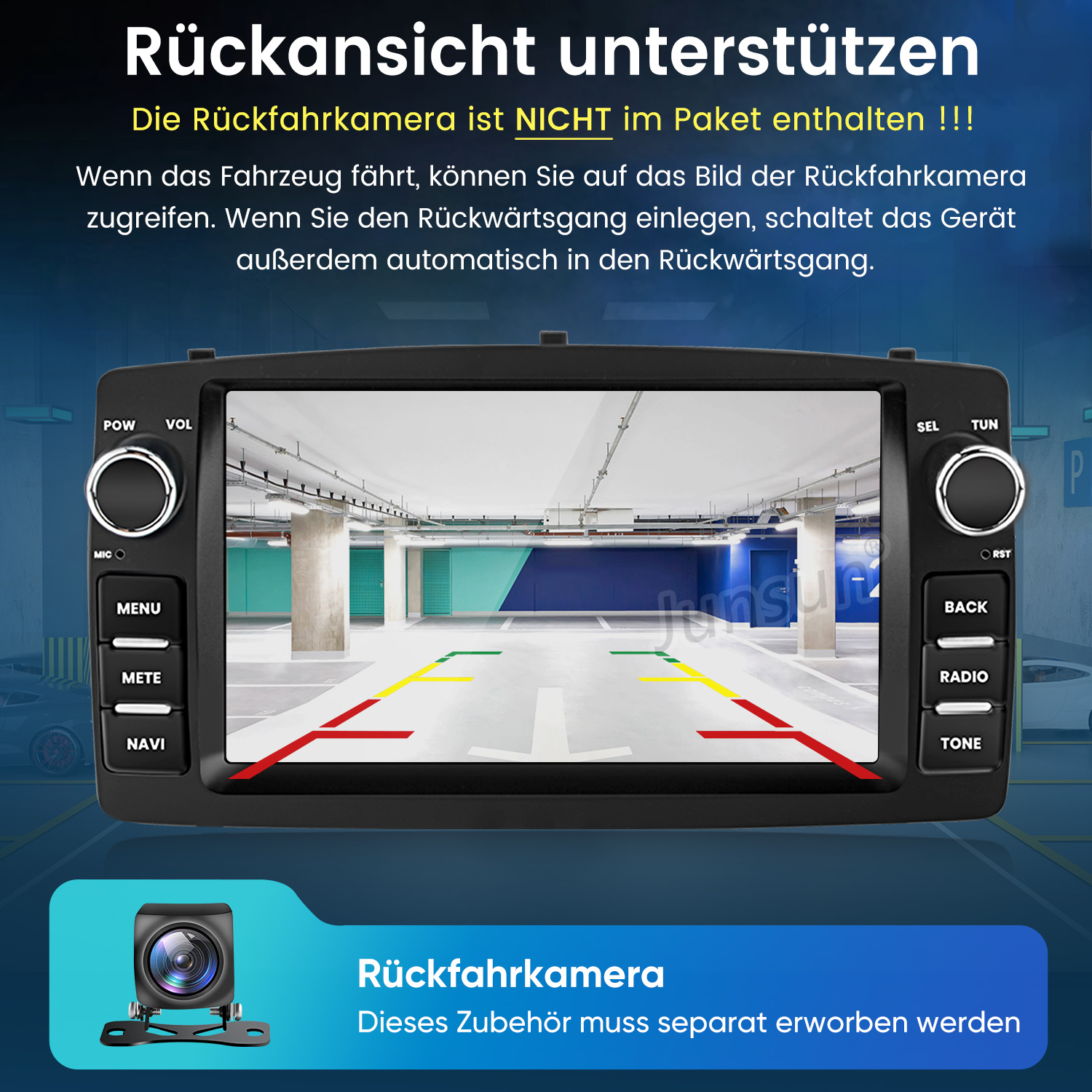 Autodisplay zeigt Rückfahrkamera-Bild einer Parkgarage mit Führungslinien.