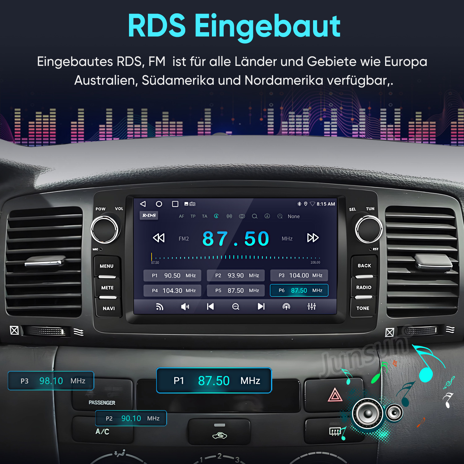 Auto-RDS-Radio mit Tune-Anzeige. Mehrere Frequenztasten sind sichtbar.