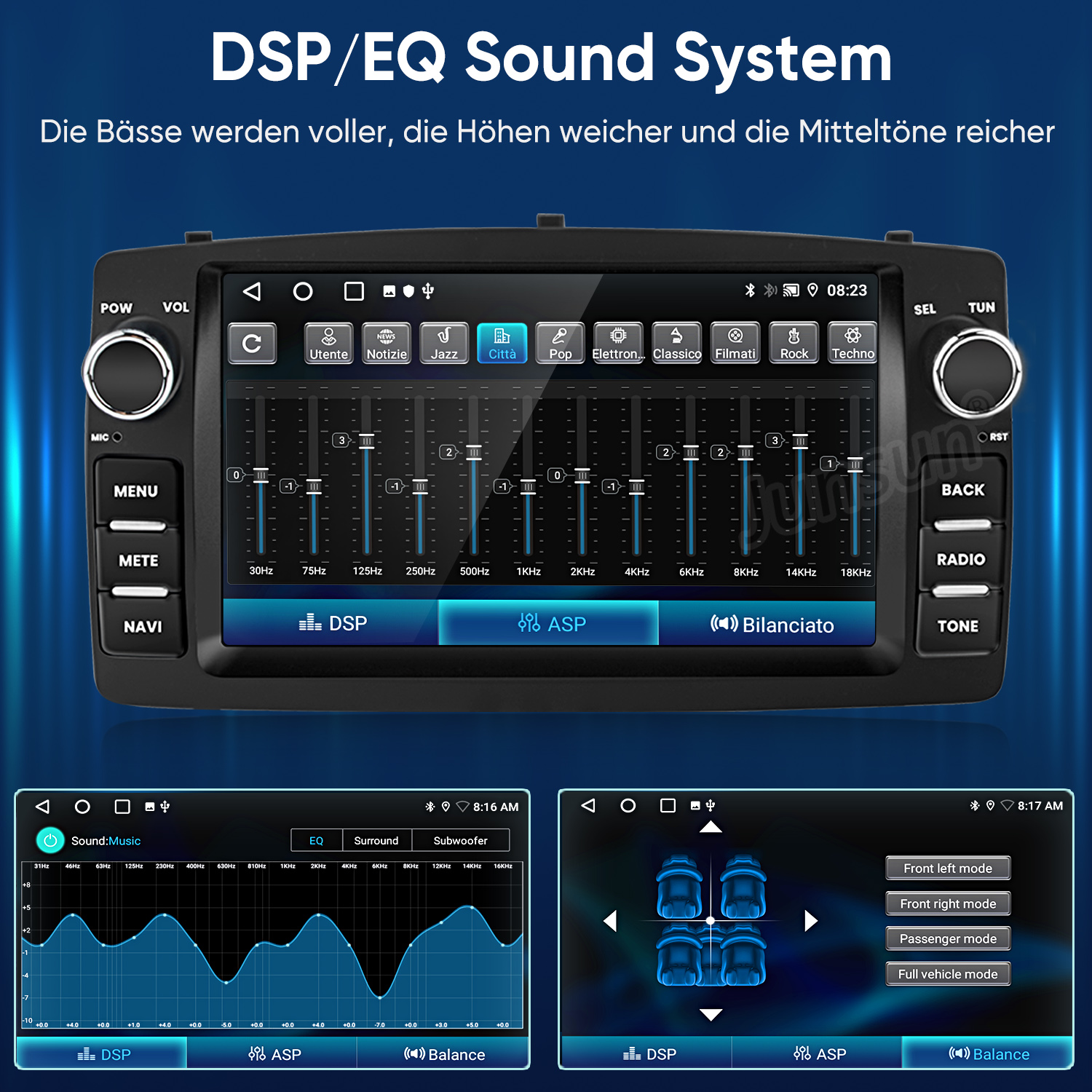 Armaturenbrett eines Autos mit DSP/EQ Sound System und Equalizer-Anzeigen.